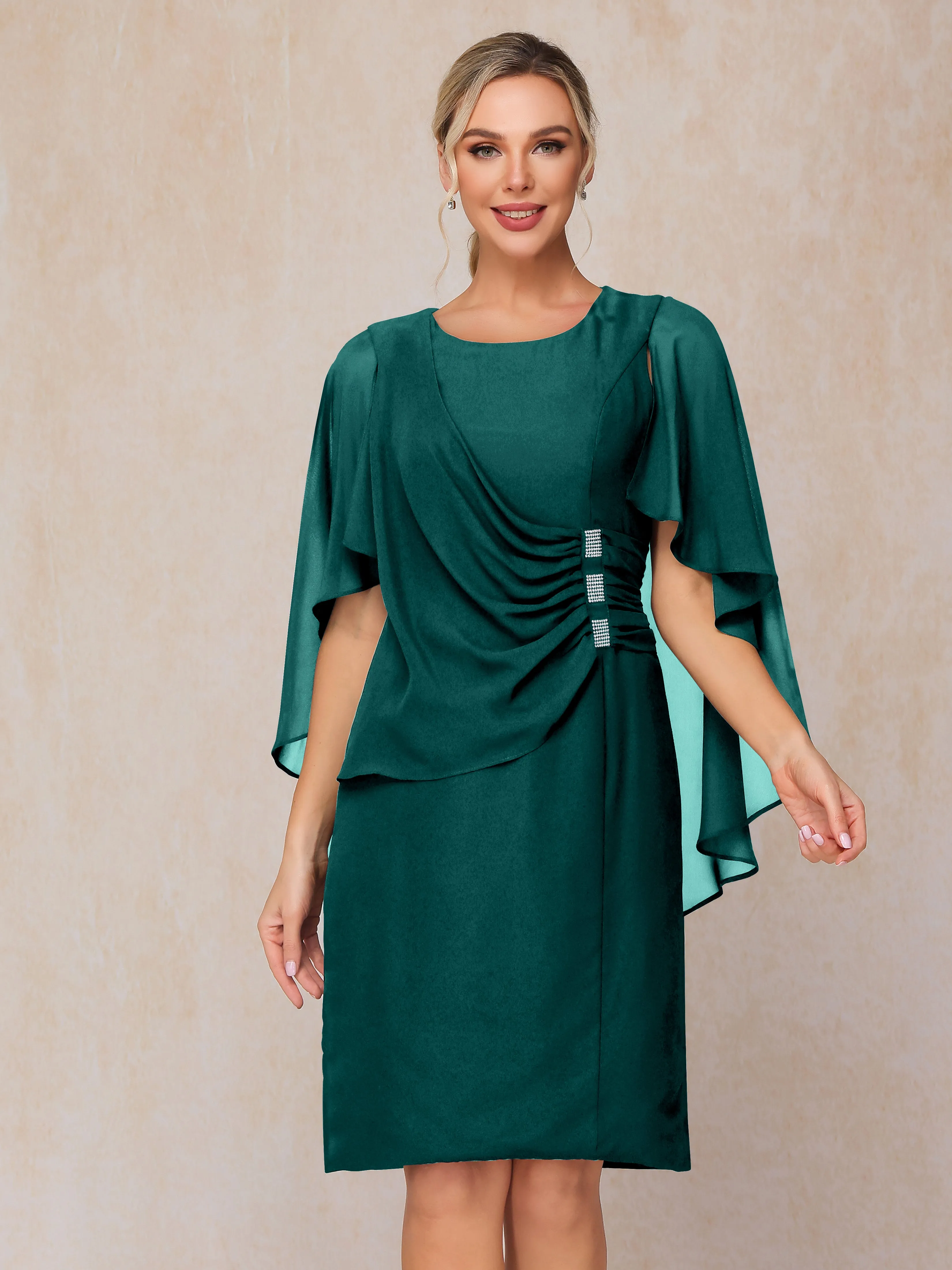 3/4 Length Sleeves Knee Length Chiffon Mother of the Bride Dresses With Pleats