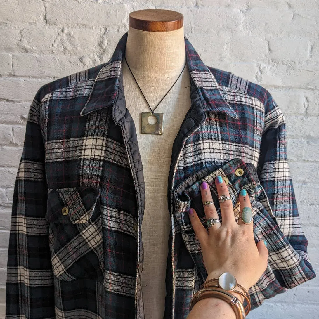 90s Vintage Forest Green Grunge Thermal Flannel Barn Coat Oversize Plaid Shacket