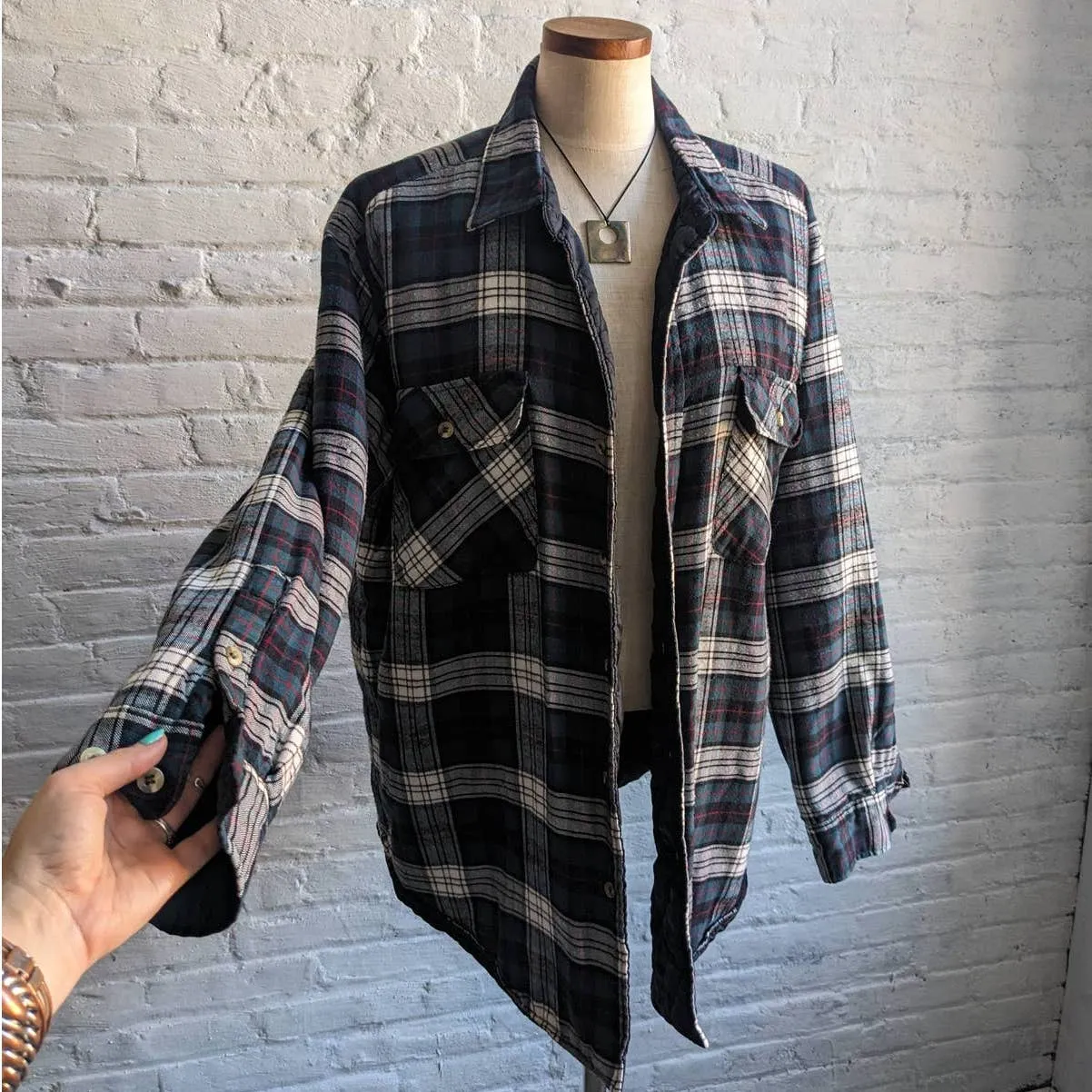 90s Vintage Forest Green Grunge Thermal Flannel Barn Coat Oversize Plaid Shacket