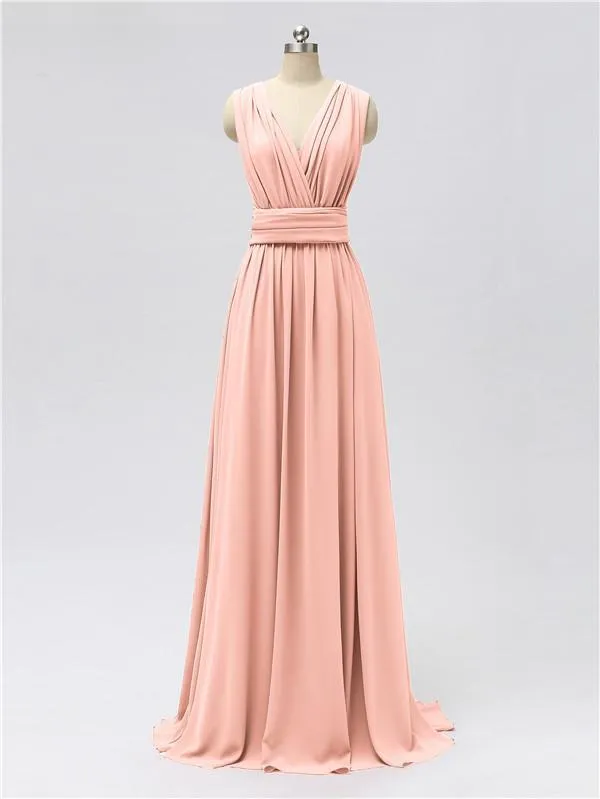 A-line Convertable V Neck Floor Length Jersey Bridesmaid Dresses