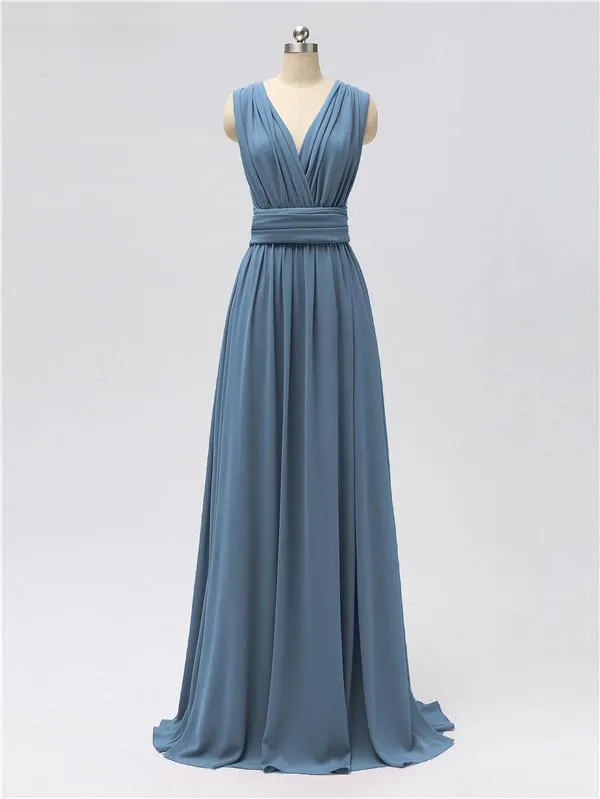 A-line Convertable V Neck Floor Length Jersey Bridesmaid Dresses