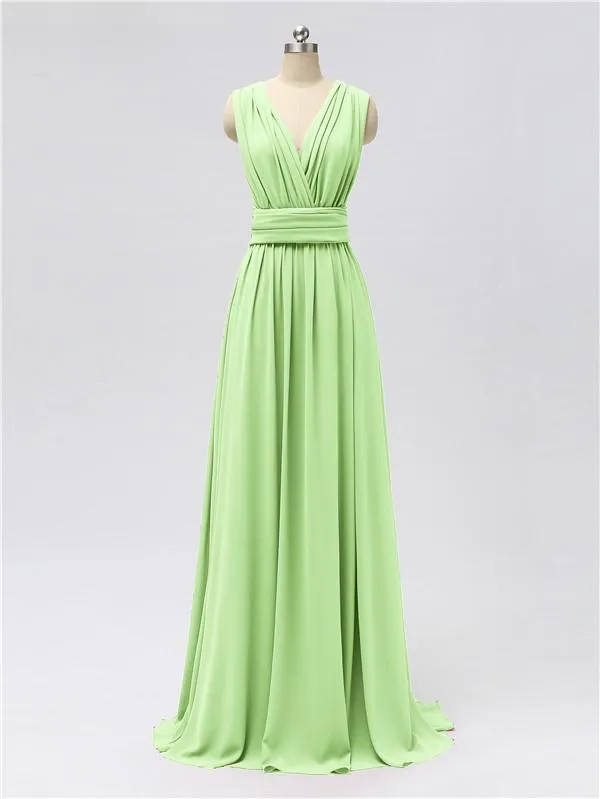 A-line Convertable V Neck Floor Length Jersey Bridesmaid Dresses