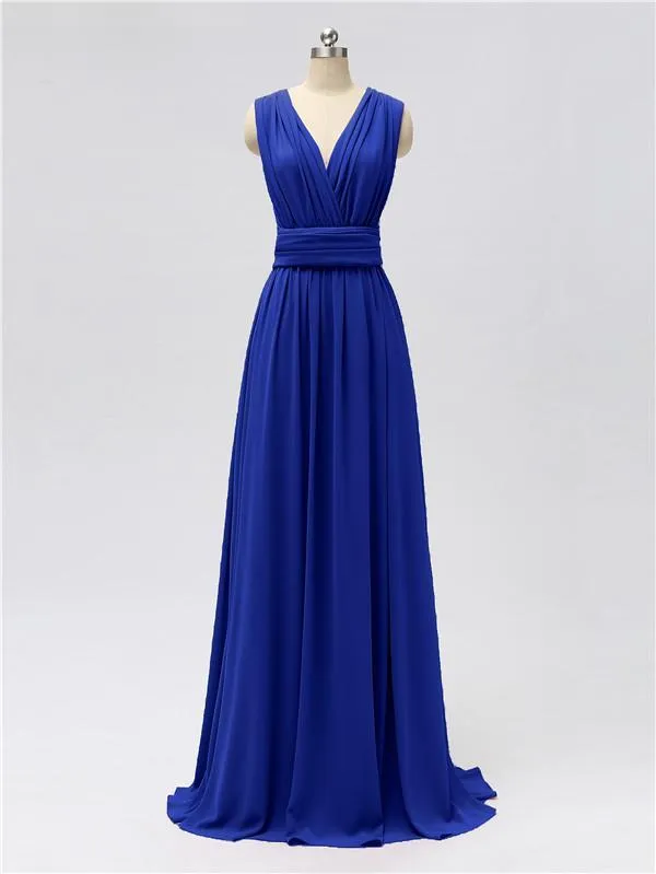 A-line Convertable V Neck Floor Length Jersey Bridesmaid Dresses
