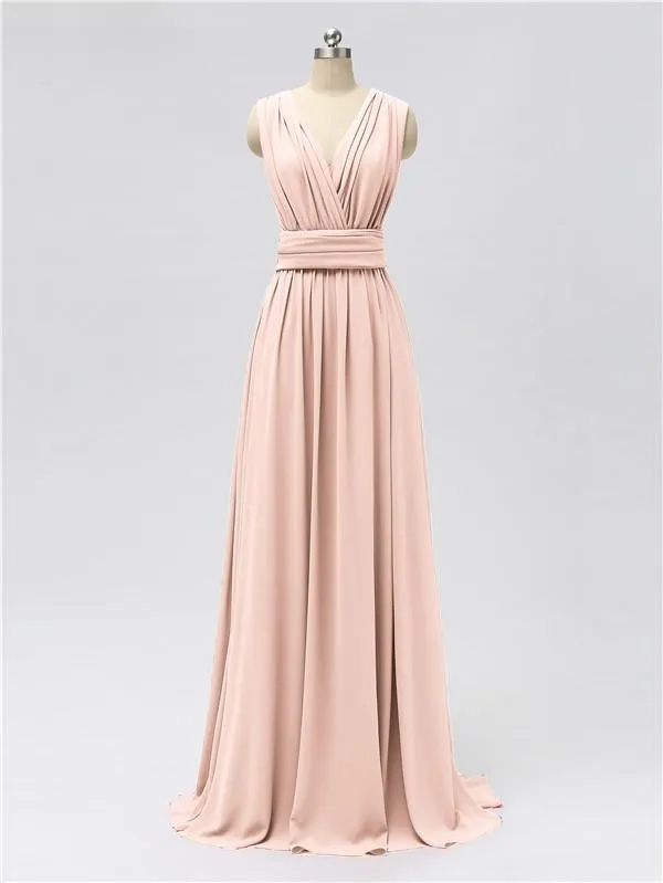 A-line Convertable V Neck Floor Length Jersey Bridesmaid Dresses
