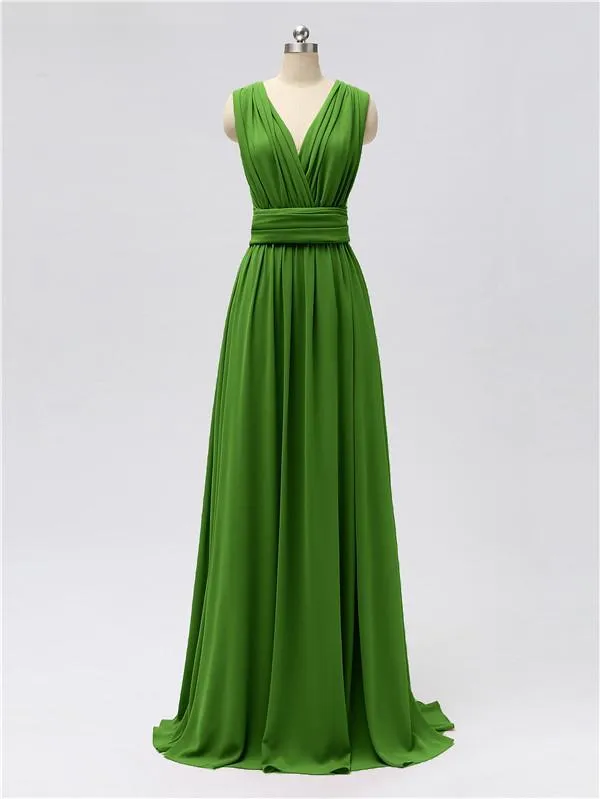 A-line Convertable V Neck Floor Length Jersey Bridesmaid Dresses