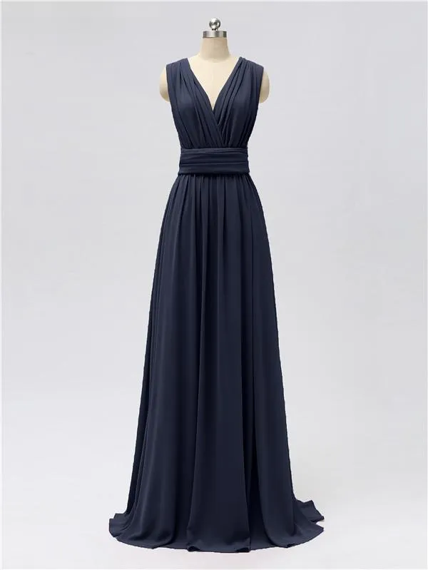 A-line Convertable V Neck Floor Length Jersey Bridesmaid Dresses