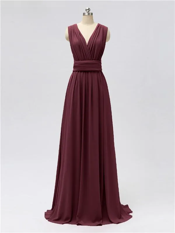 A-line Convertable V Neck Floor Length Jersey Bridesmaid Dresses