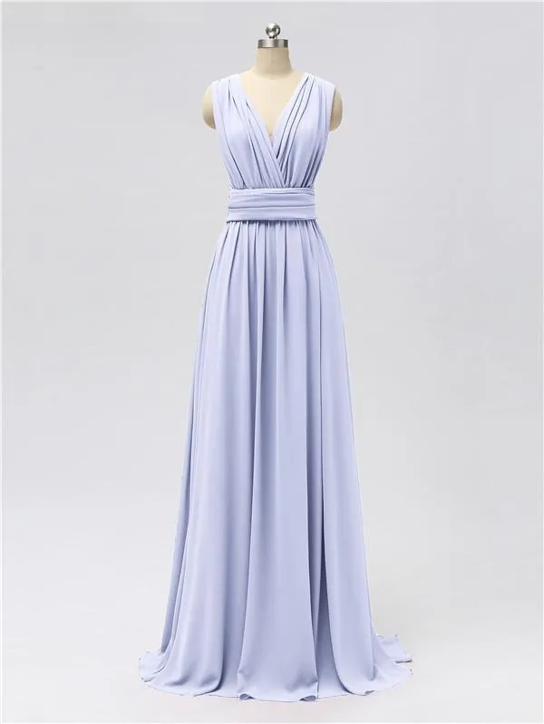 A-line Convertable V Neck Floor Length Jersey Bridesmaid Dresses