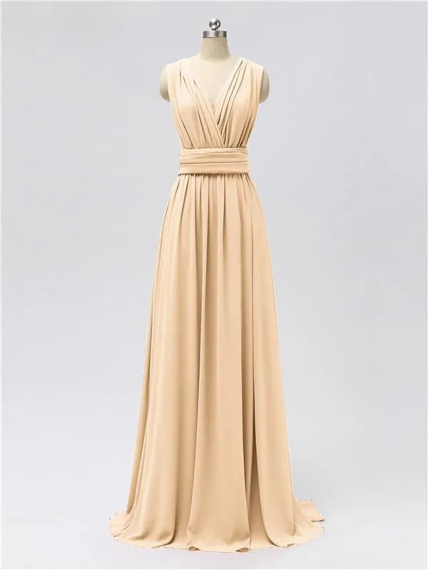 A-line Convertable V Neck Floor Length Jersey Bridesmaid Dresses