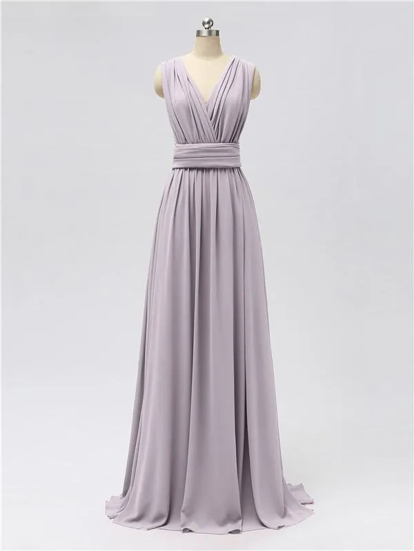 A-line Convertable V Neck Floor Length Jersey Bridesmaid Dresses