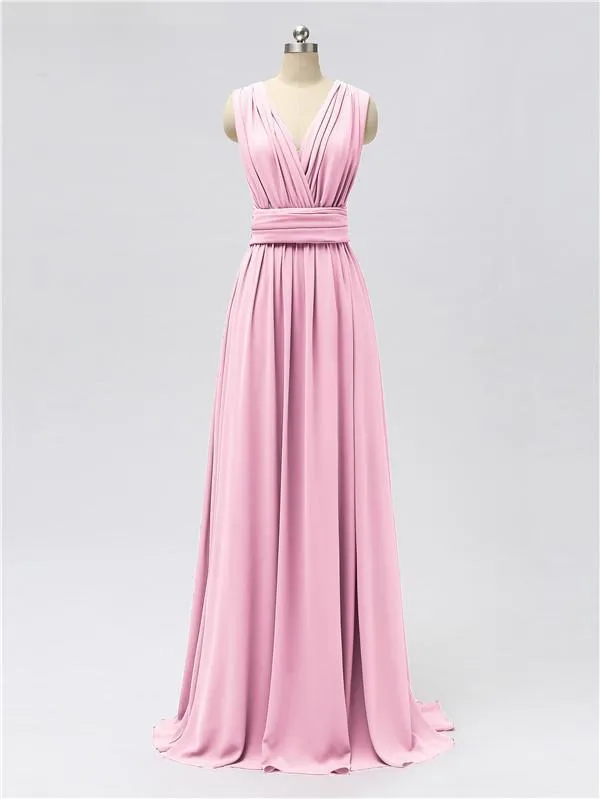 A-line Convertable V Neck Floor Length Jersey Bridesmaid Dresses