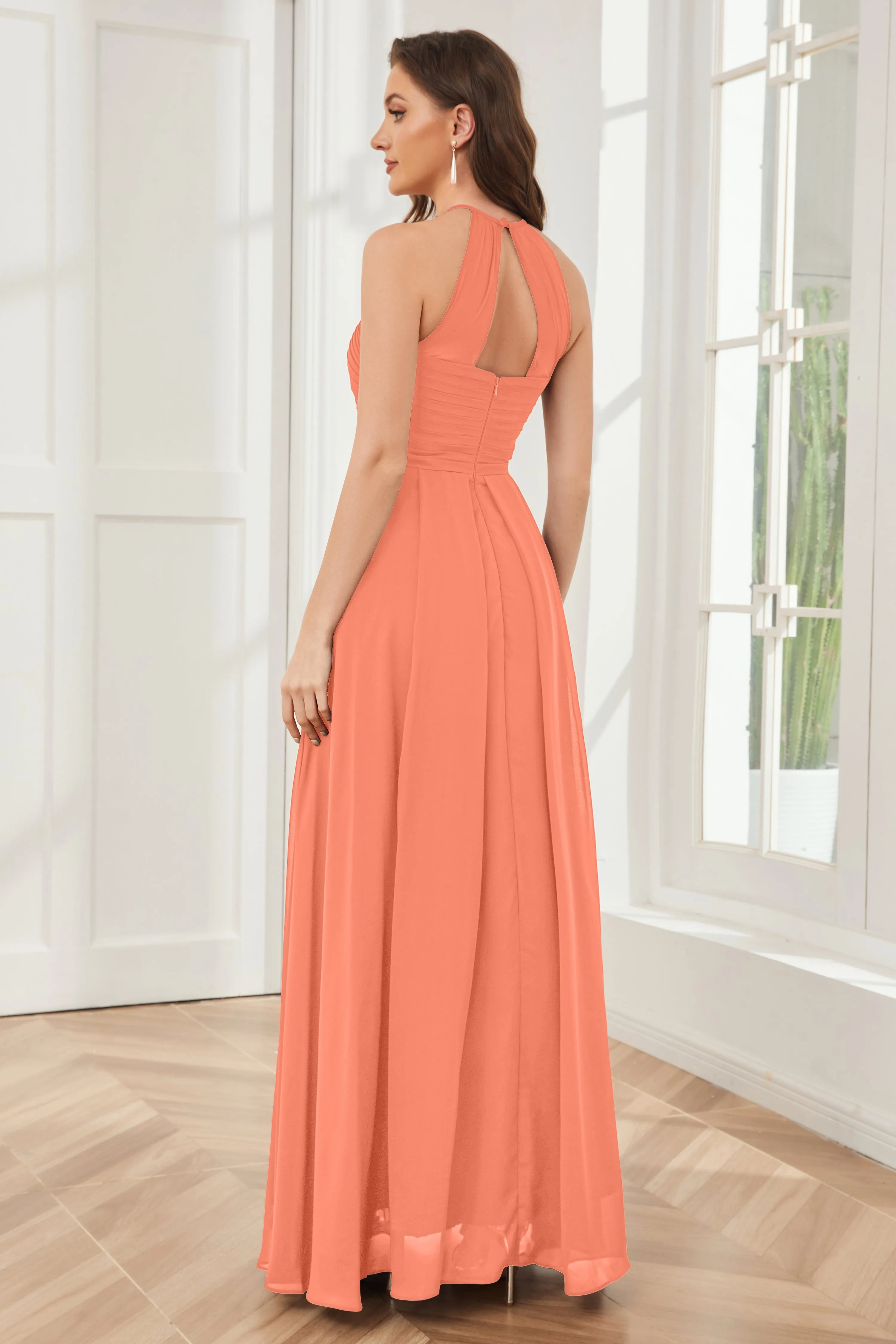 A-line Floor-length Halter Chiffon Bridesmaid Dresses