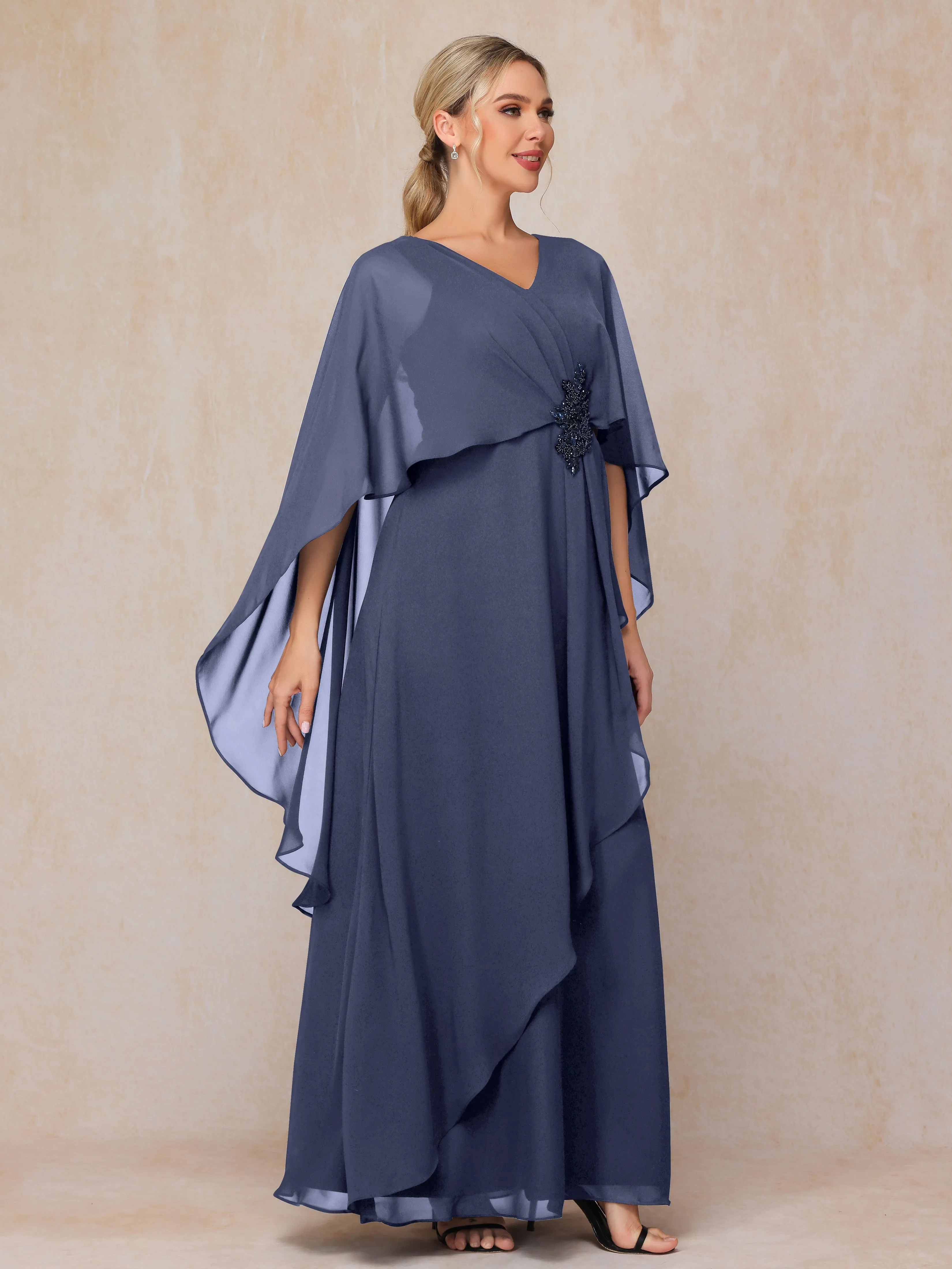 A-line Scoop Long Chiffon Mother of the Bride Dress With Beading Pleated