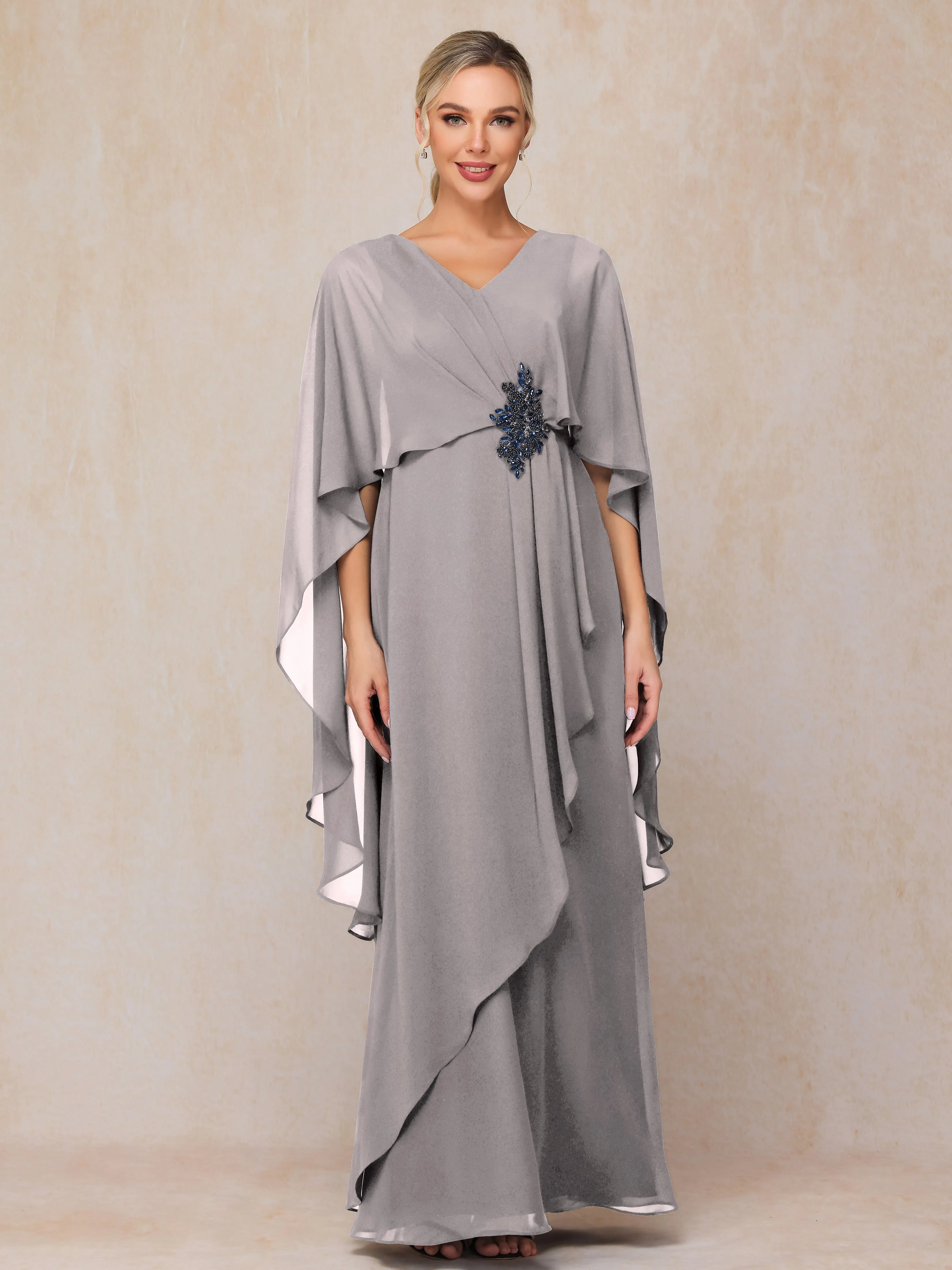 A-line Scoop Long Chiffon Mother of the Bride Dress With Beading Pleated