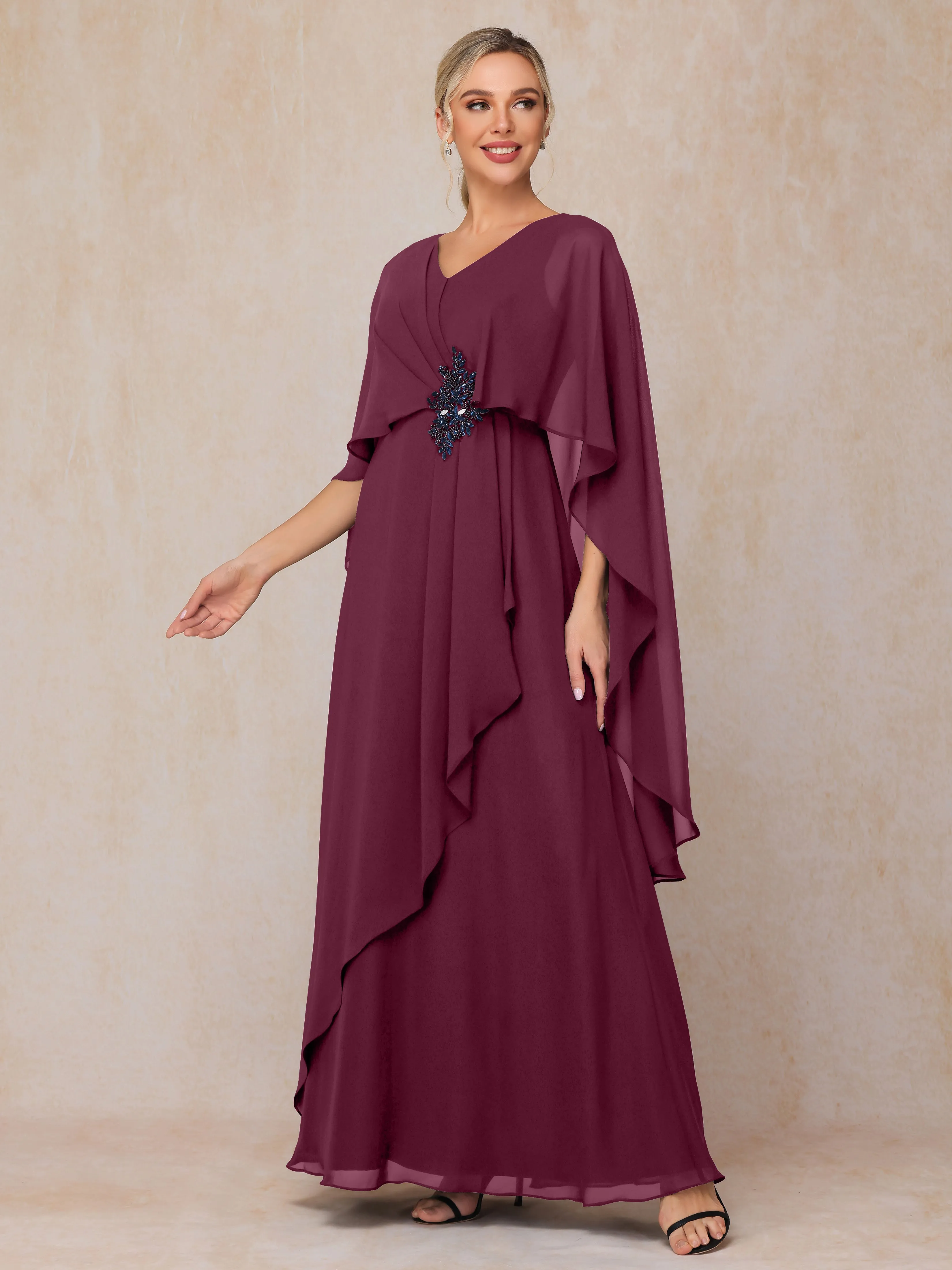 A-line Scoop Long Chiffon Mother of the Bride Dress With Beading Pleated