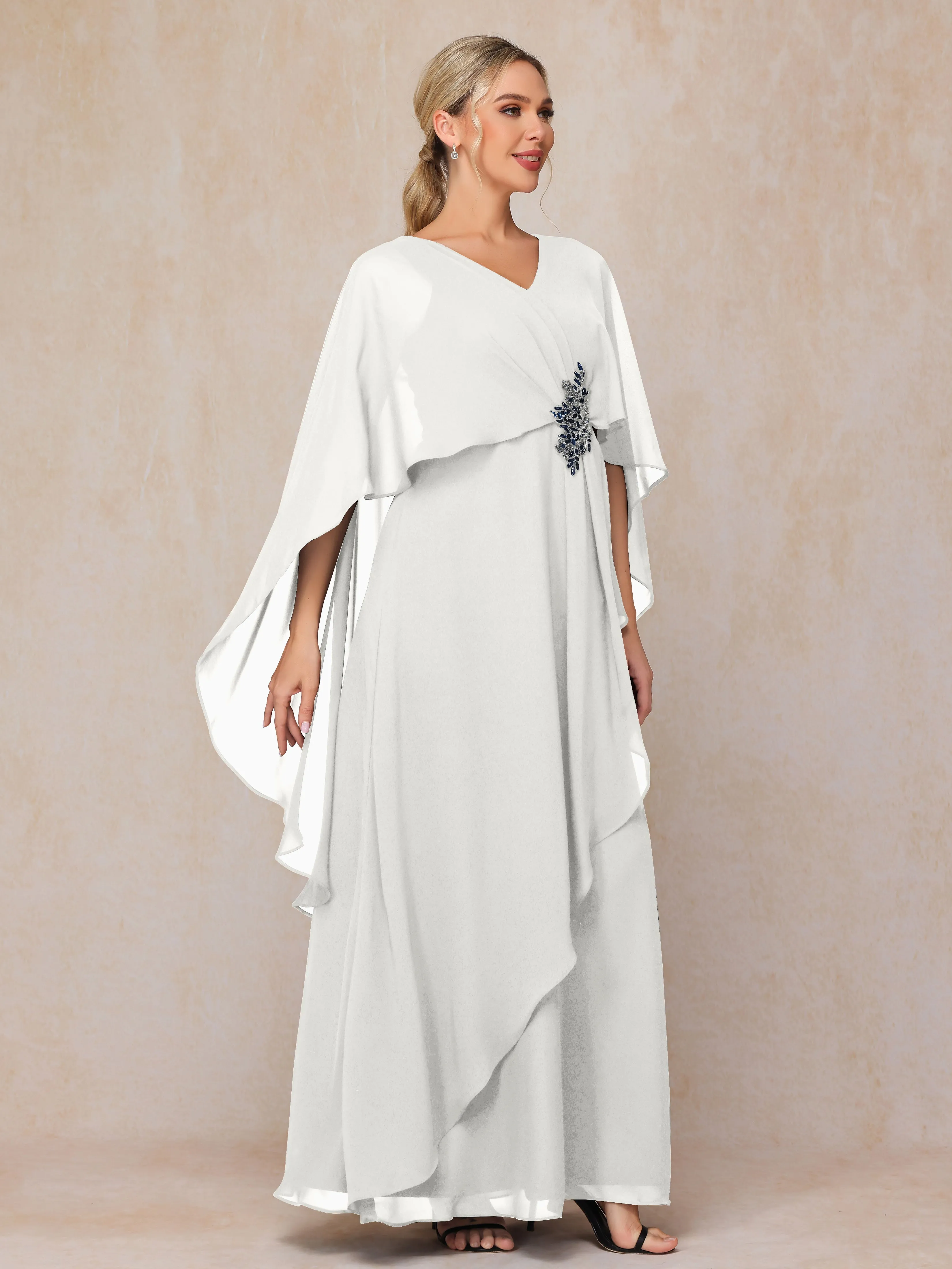A-line Scoop Long Chiffon Mother of the Bride Dress With Beading Pleated