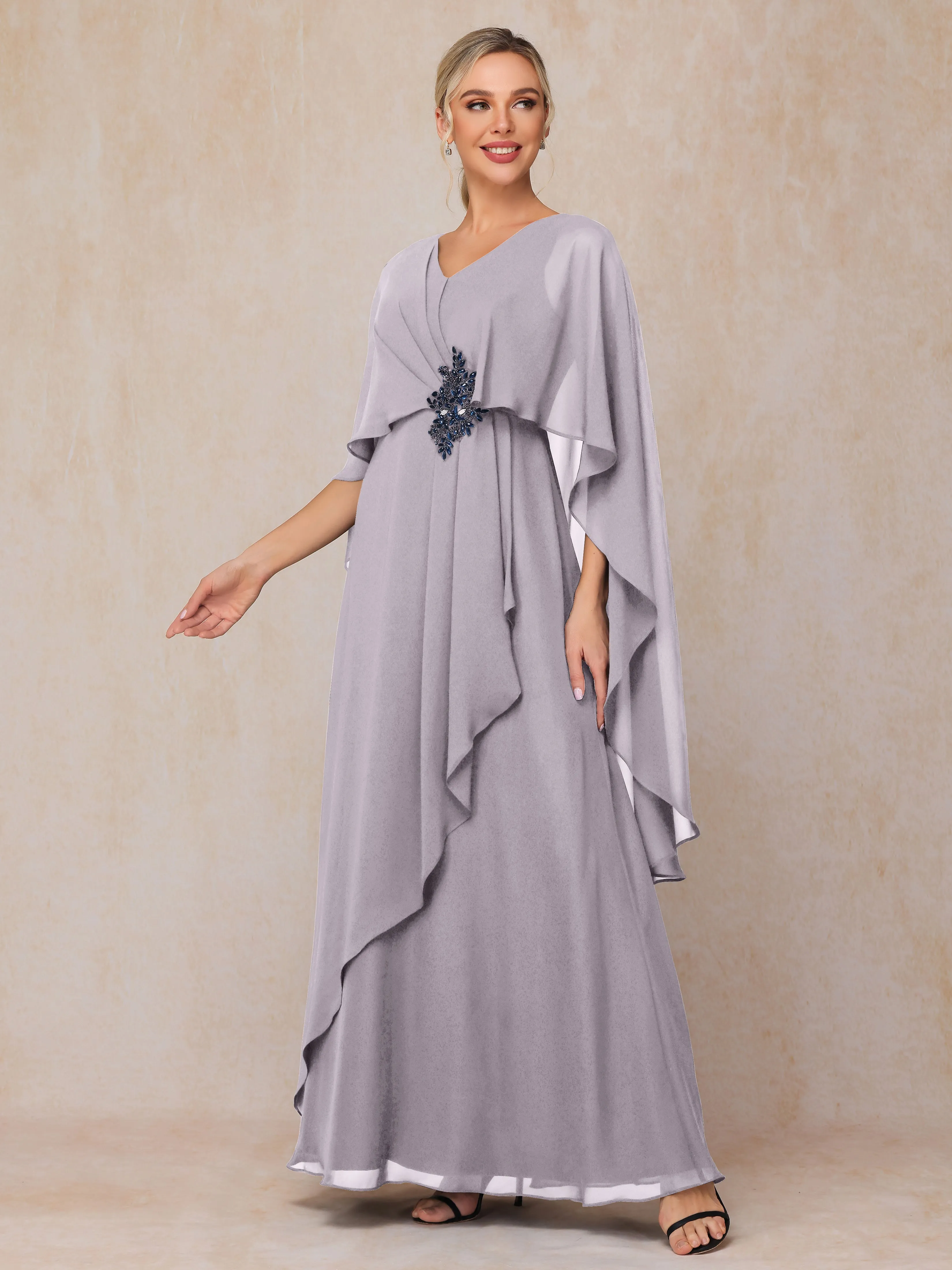 A-line Scoop Long Chiffon Mother of the Bride Dress With Beading Pleated