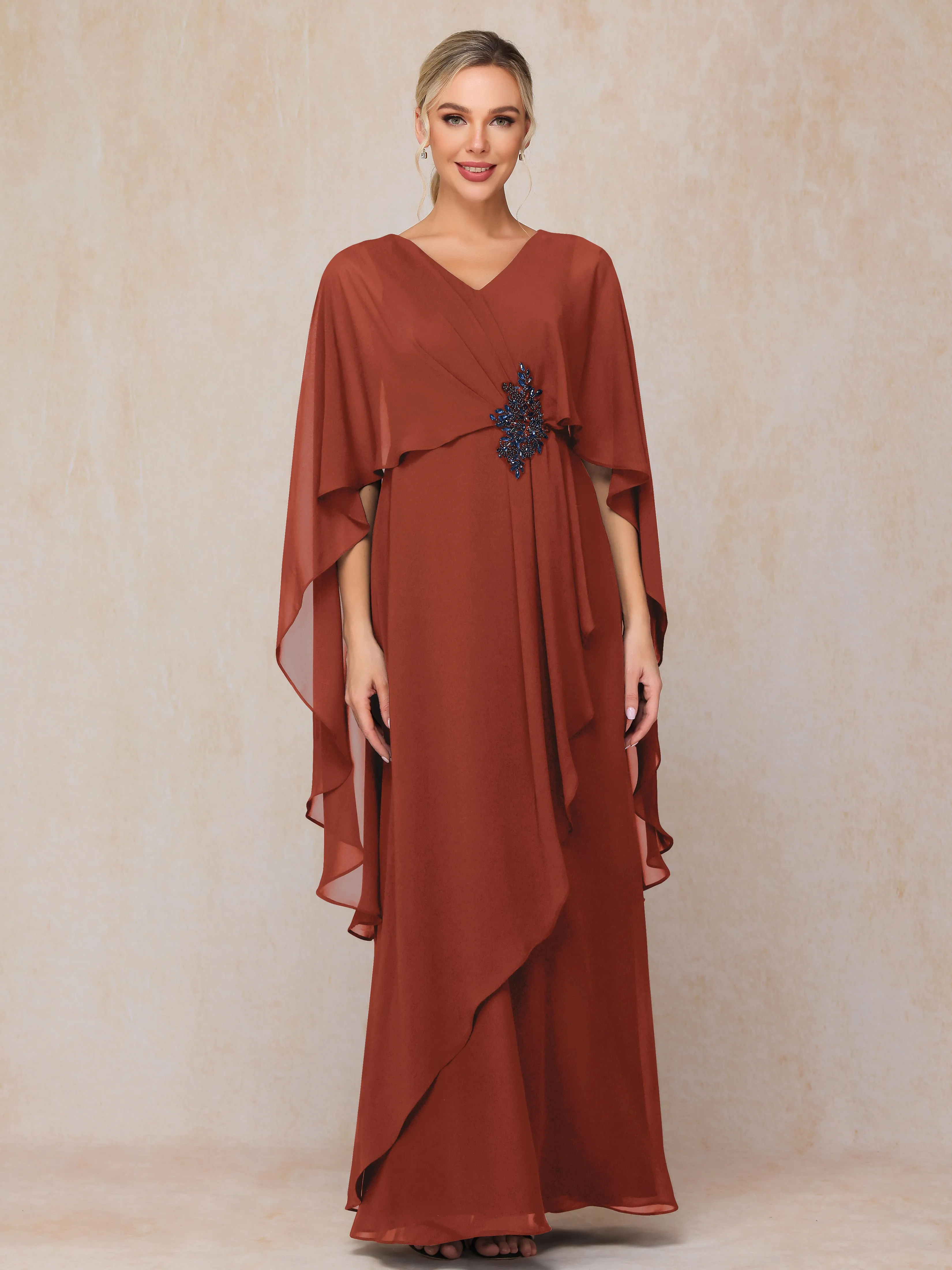 A-line Scoop Long Chiffon Mother of the Bride Dress With Beading Pleated