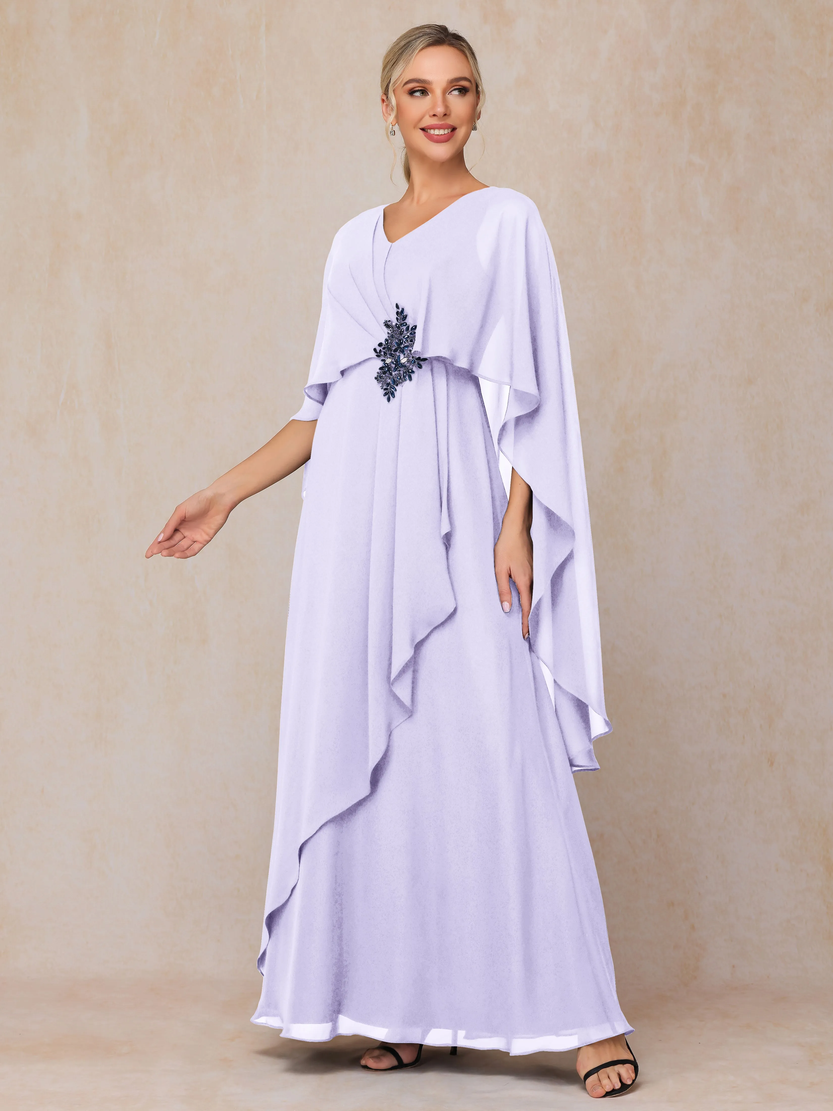 A-line Scoop Long Chiffon Mother of the Bride Dress With Beading Pleated