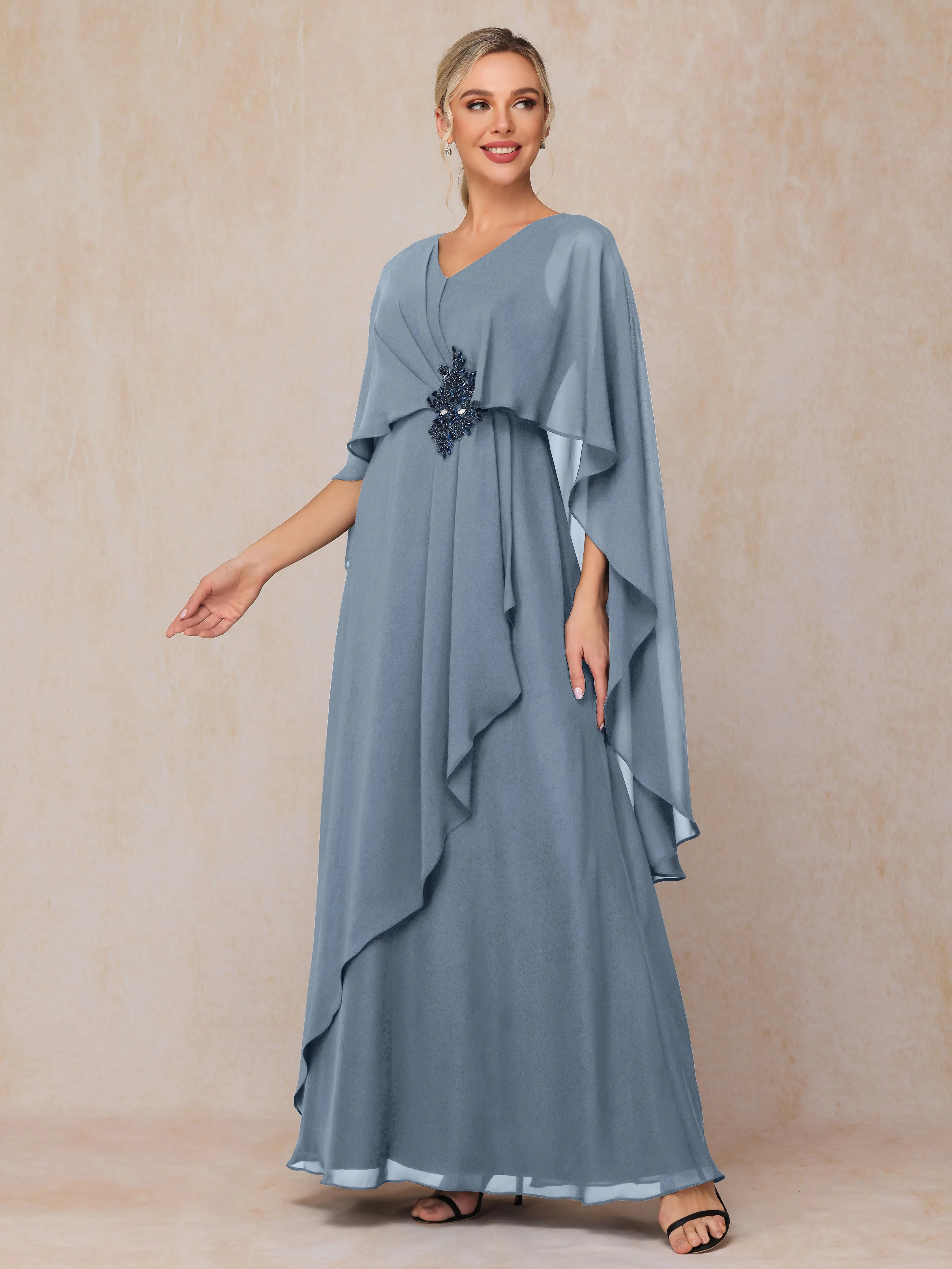 A-line Scoop Long Chiffon Mother of the Bride Dress With Beading Pleated