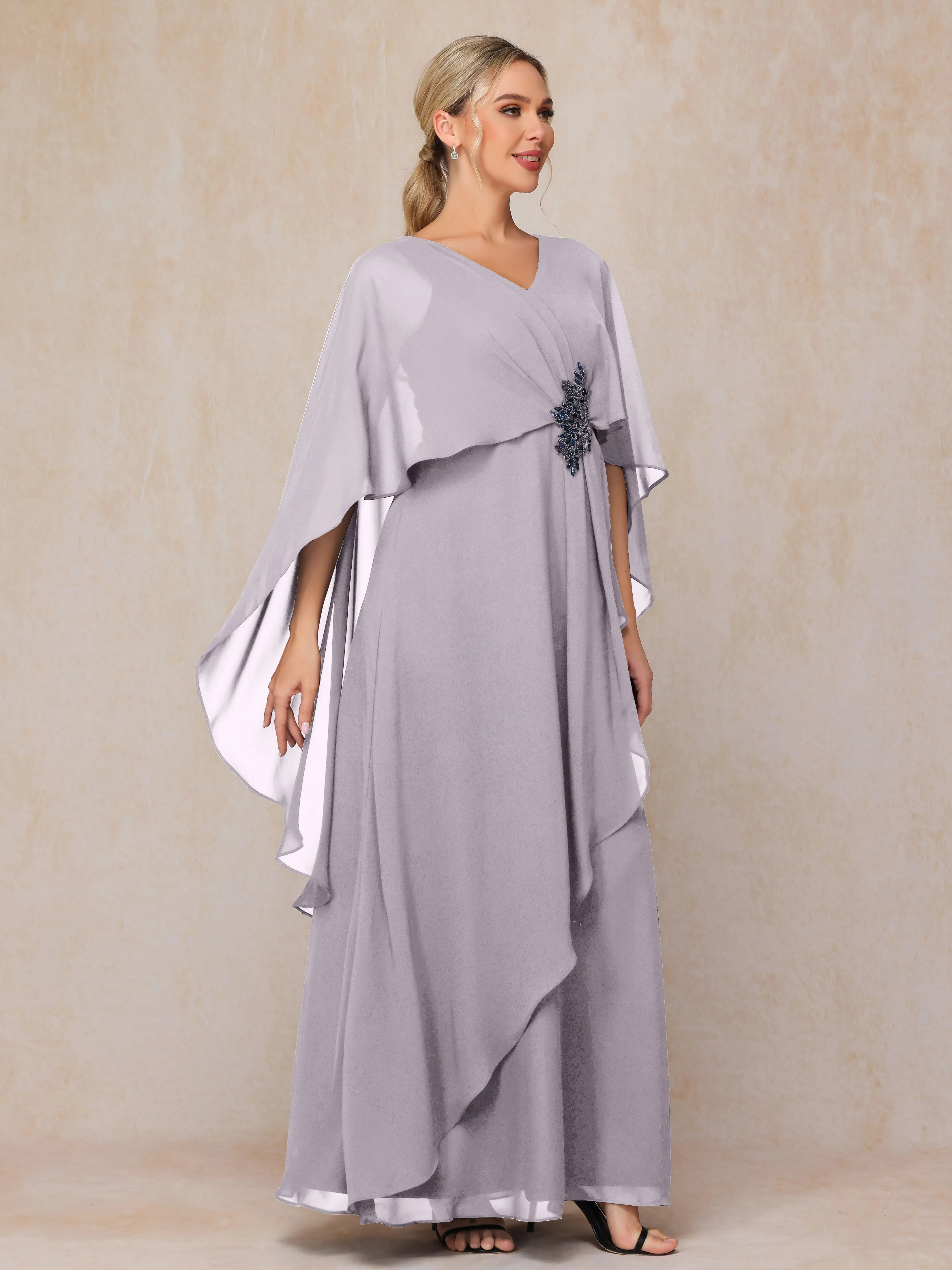 A-line Scoop Long Chiffon Mother of the Bride Dress With Beading Pleated
