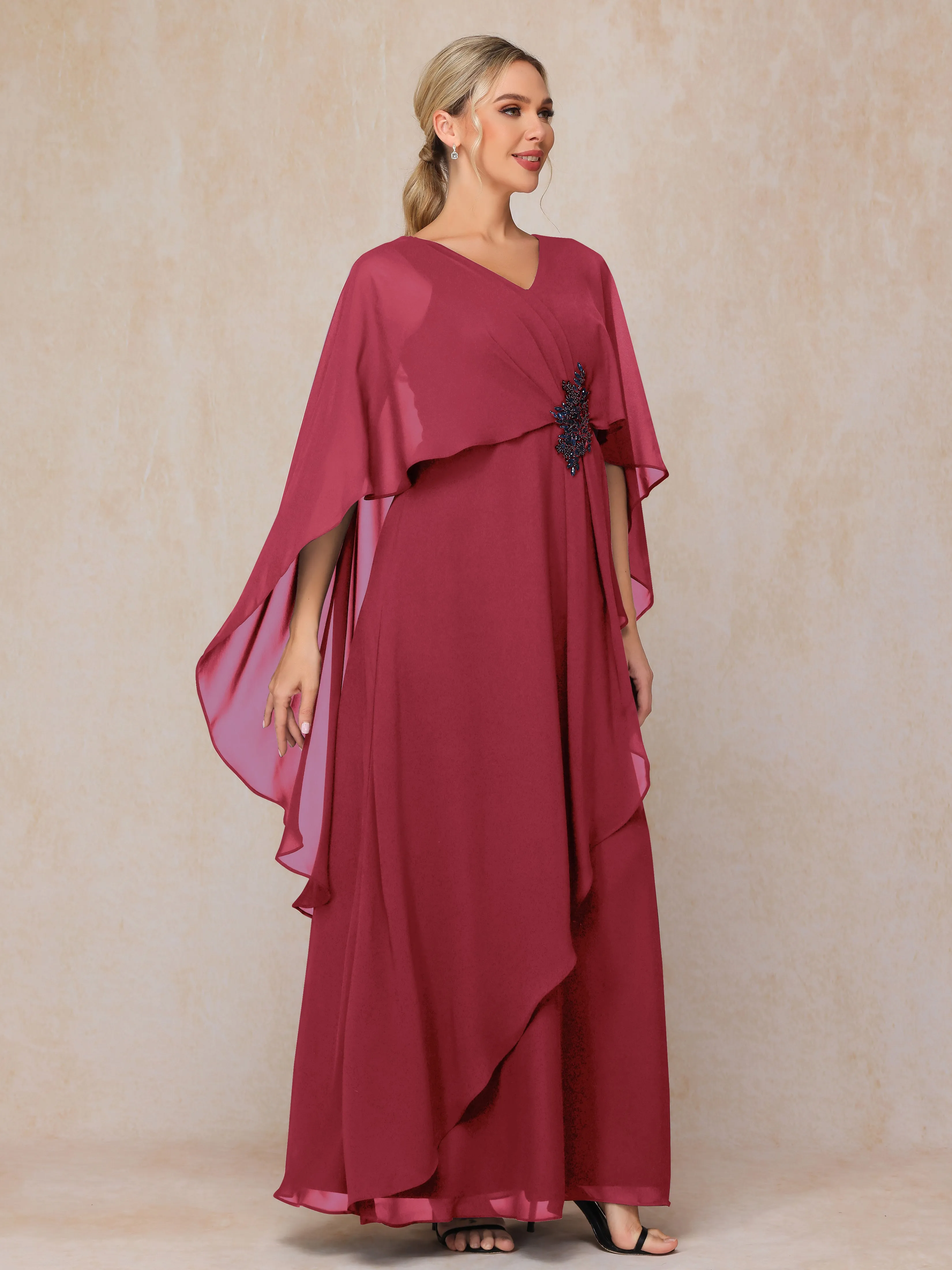 A-line Scoop Long Chiffon Mother of the Bride Dress With Beading Pleated
