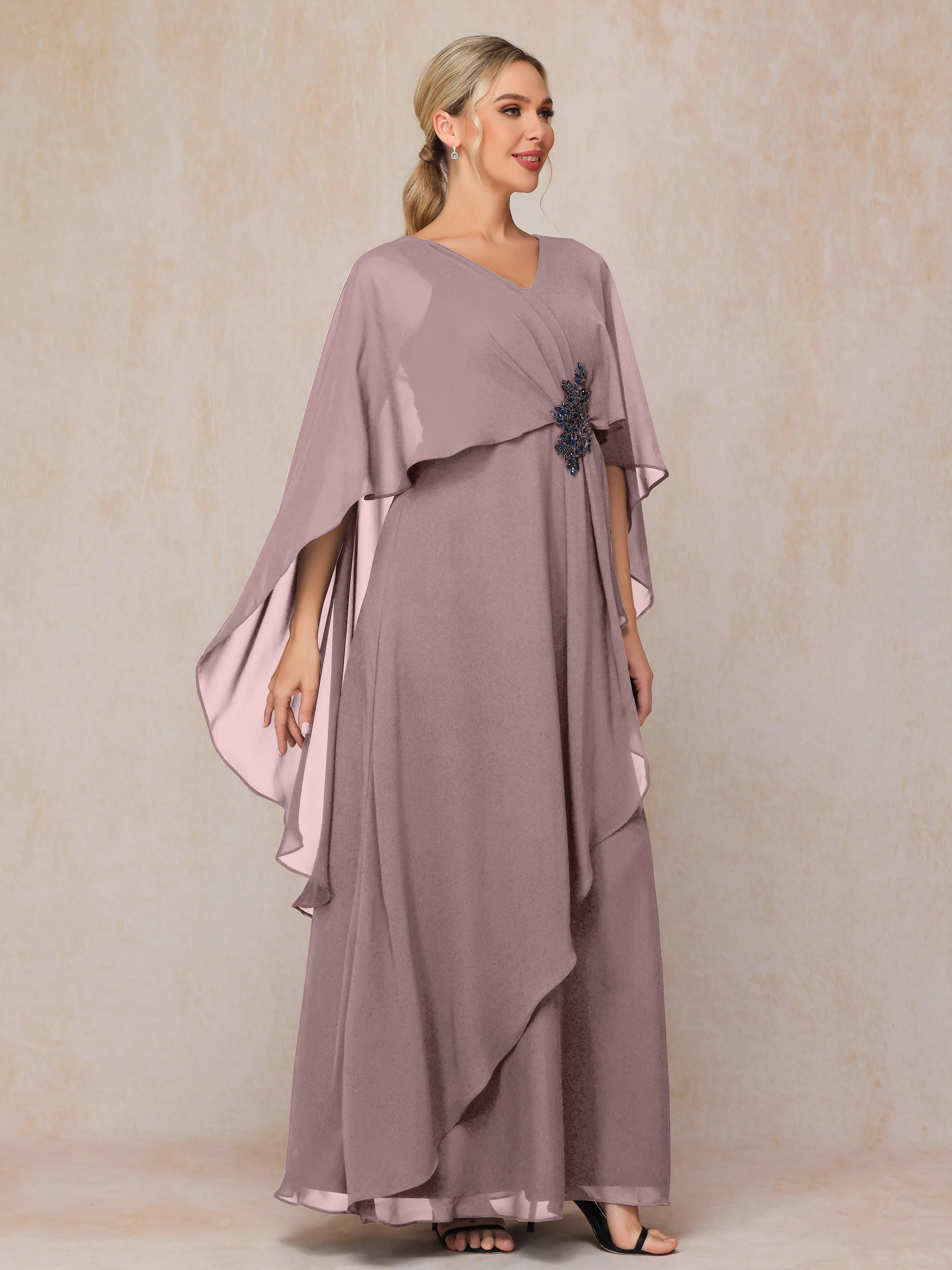 A-line Scoop Long Chiffon Mother of the Bride Dress With Beading Pleated