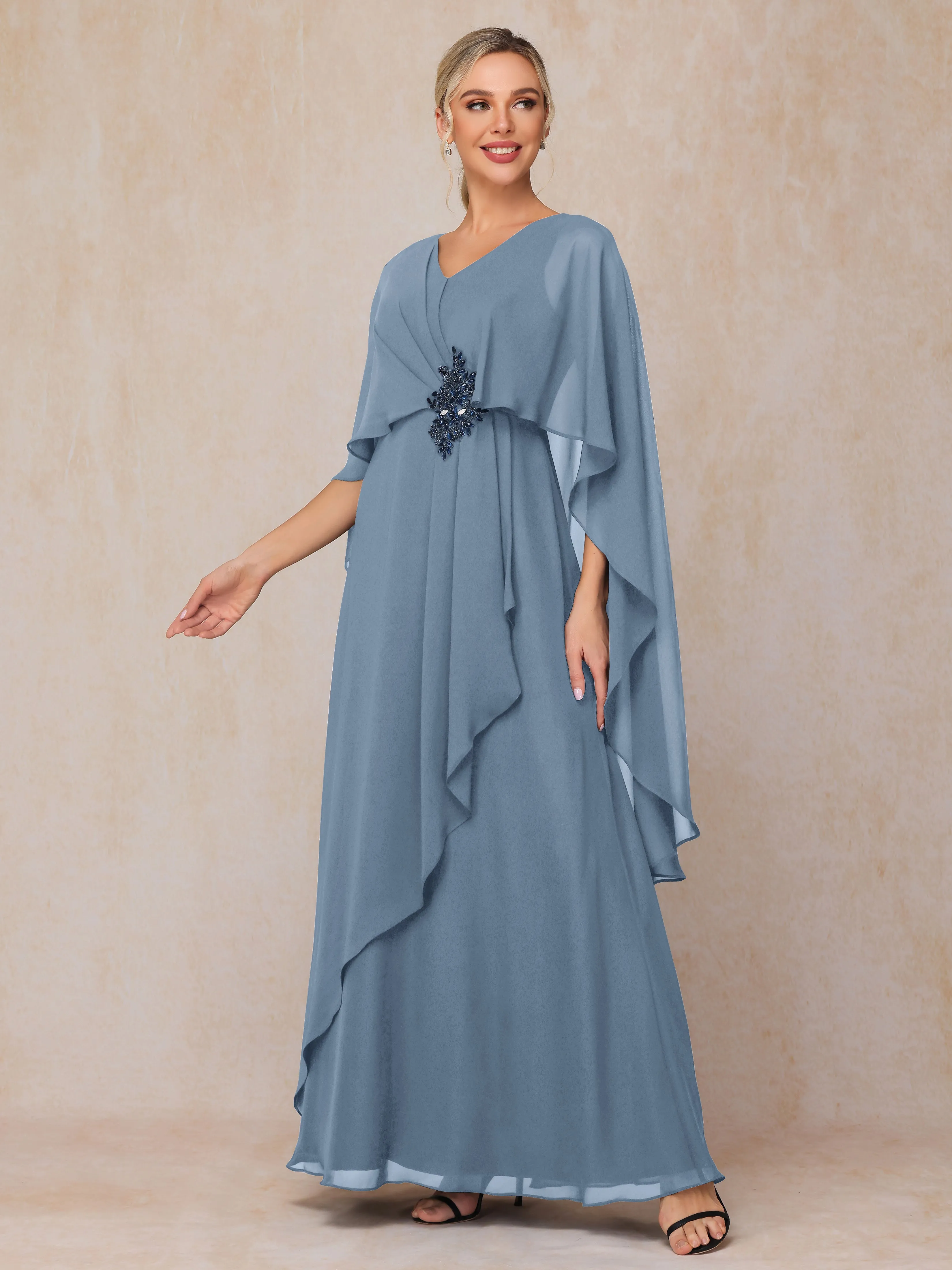 A-line Scoop Long Chiffon Mother of the Bride Dress With Beading Pleated