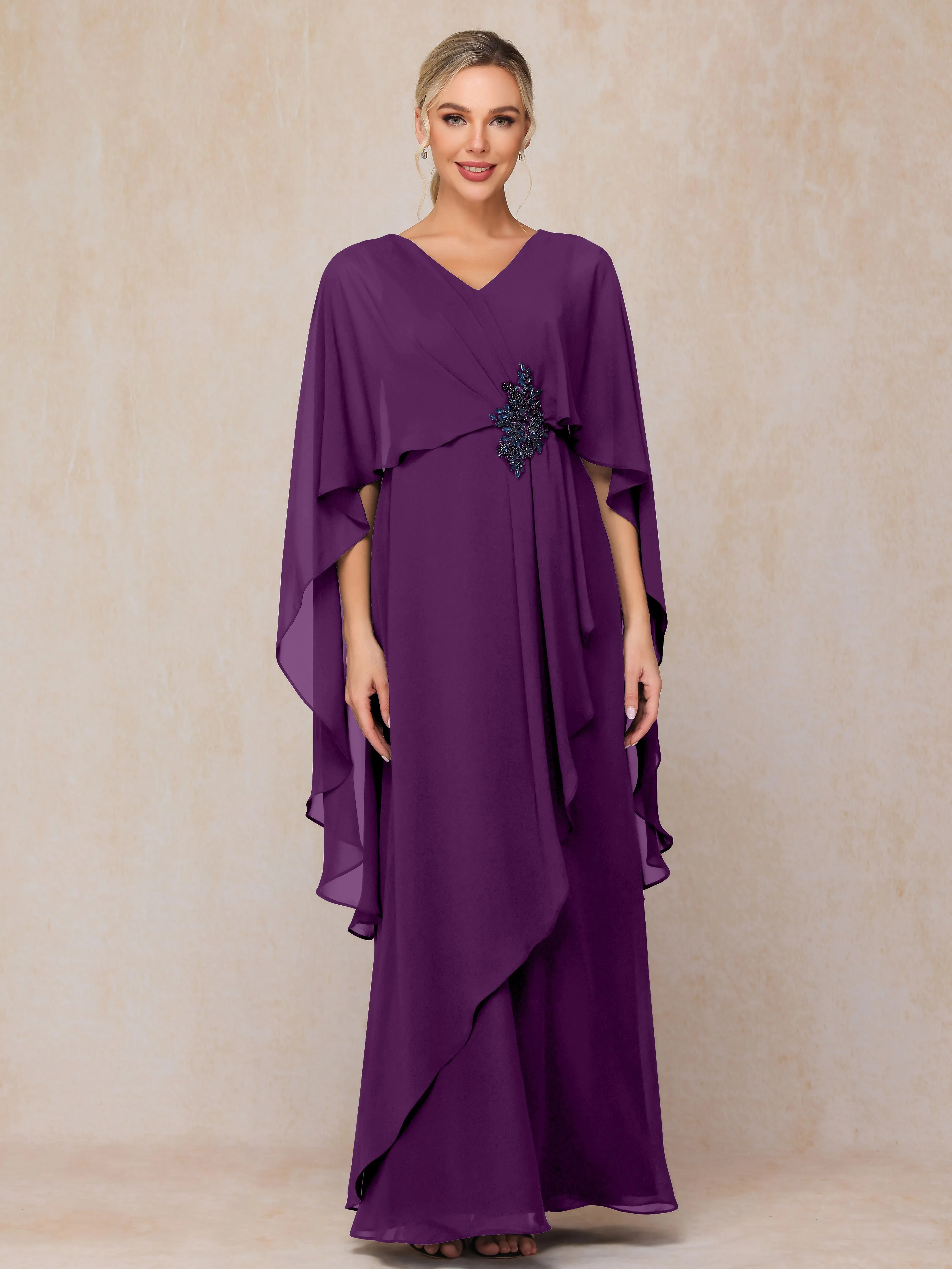 A-line Scoop Long Chiffon Mother of the Bride Dress With Beading Pleated