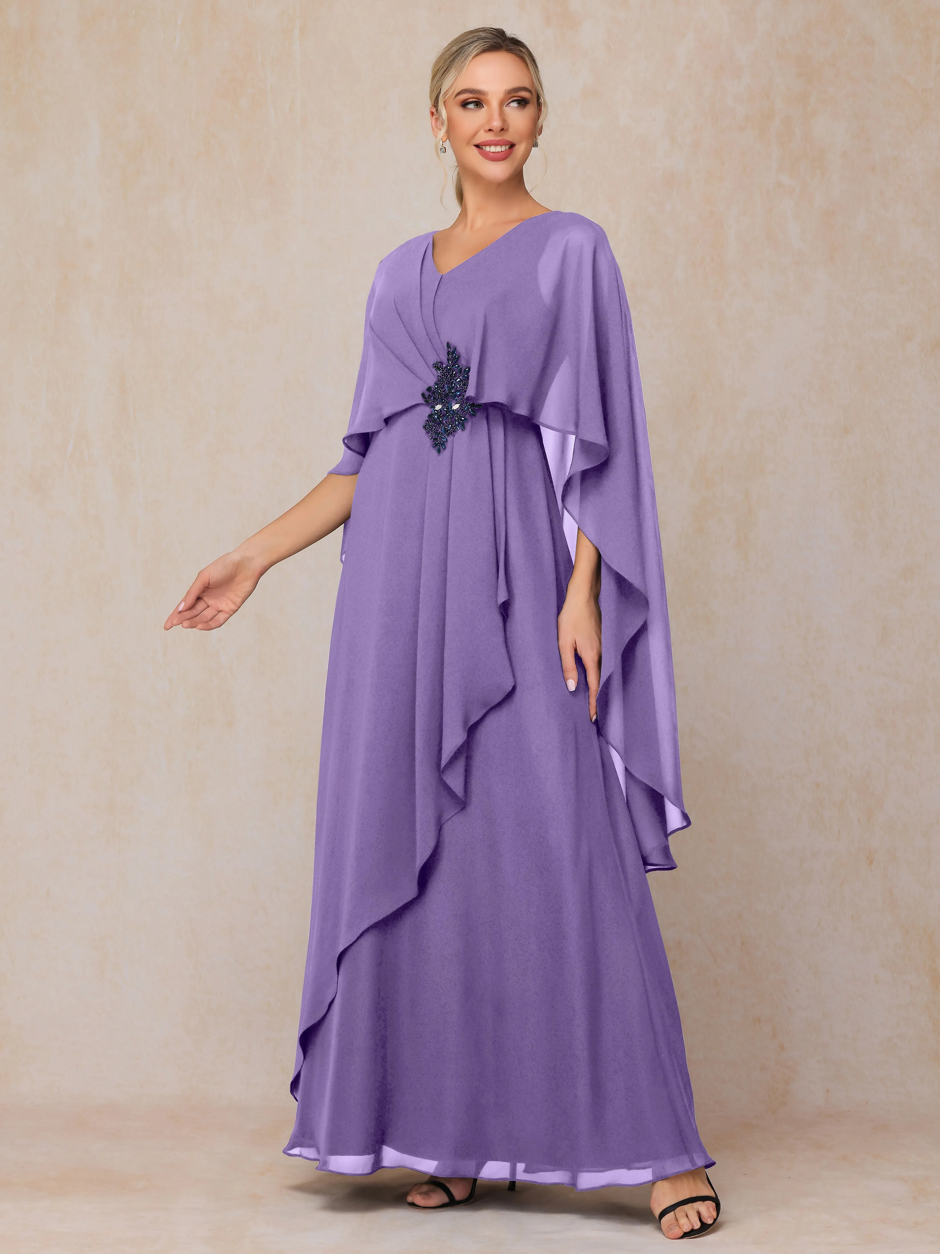 A-line Scoop Long Chiffon Mother of the Bride Dress With Beading Pleated