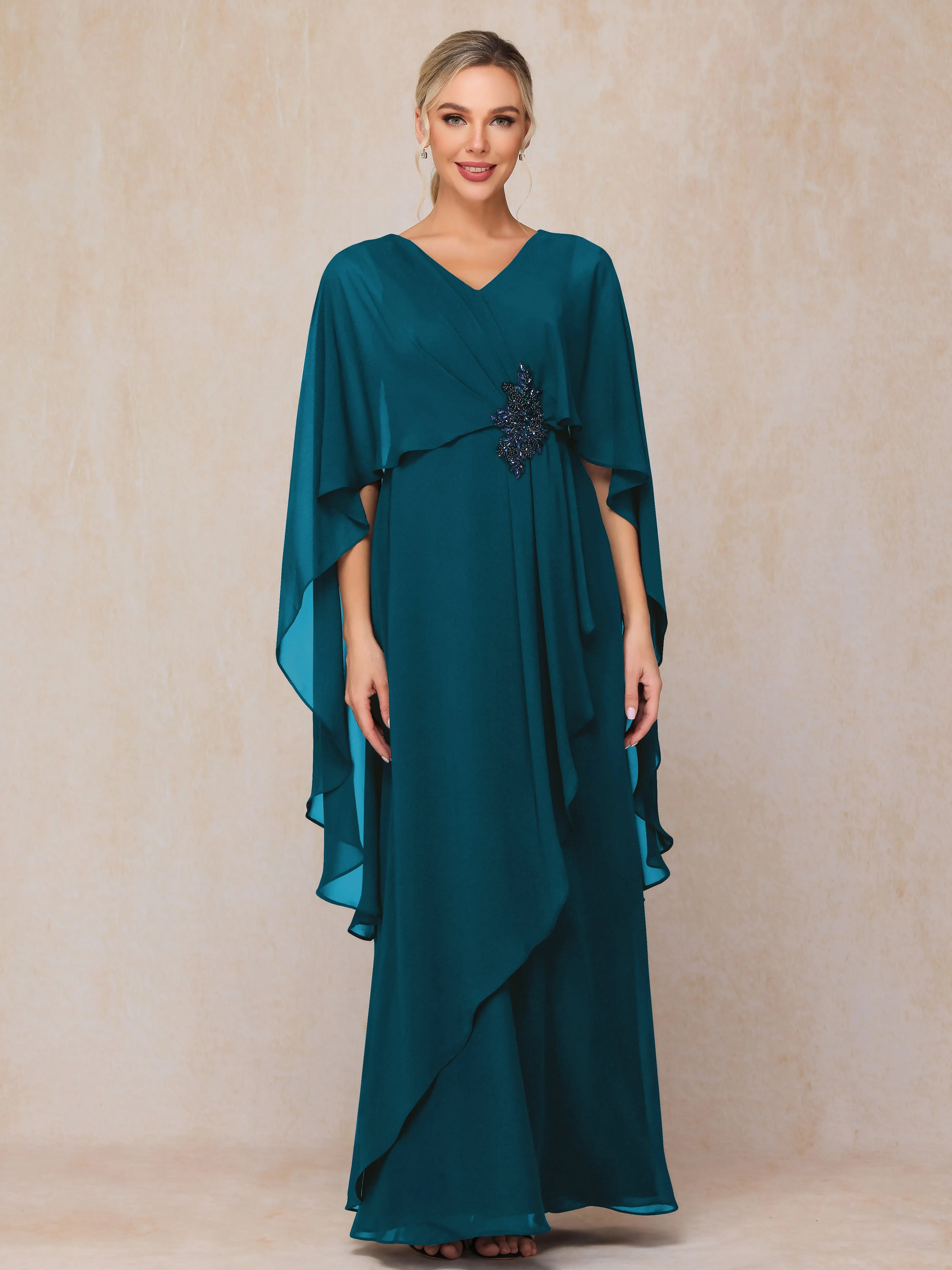 A-line Scoop Long Chiffon Mother of the Bride Dress With Beading Pleated