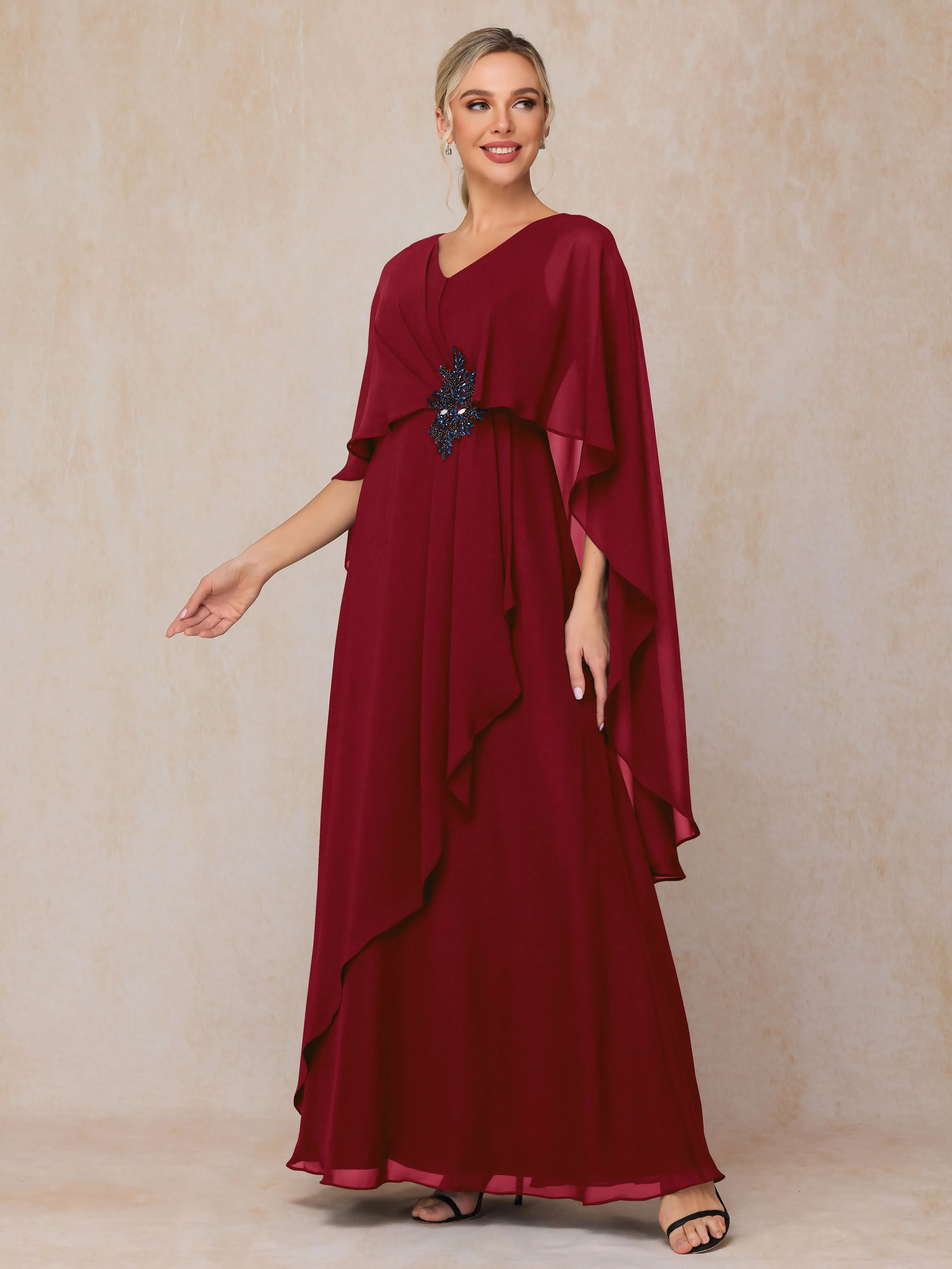 A-line Scoop Long Chiffon Mother of the Bride Dress With Beading Pleated