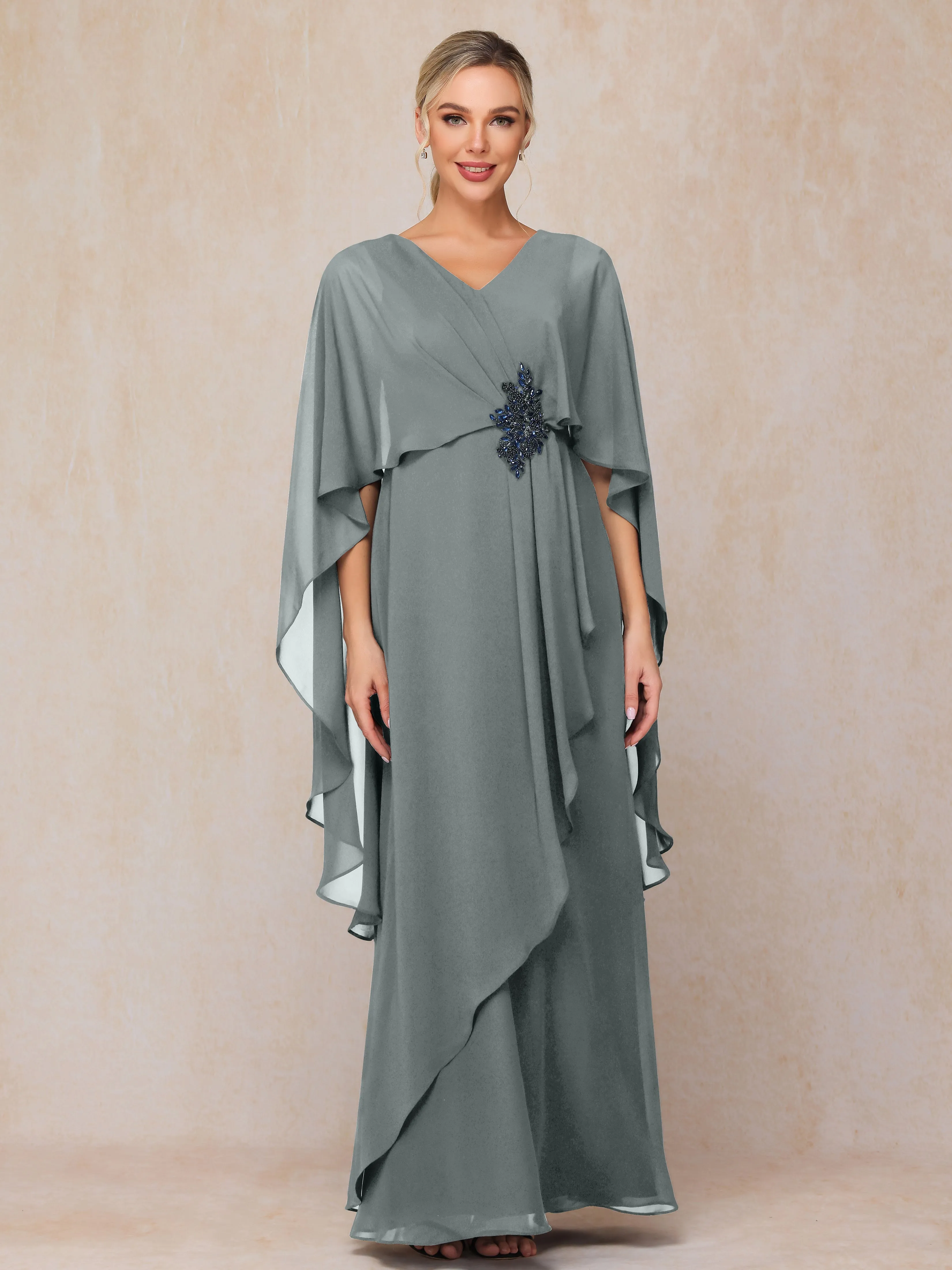 A-line Scoop Long Chiffon Mother of the Bride Dress With Beading Pleated