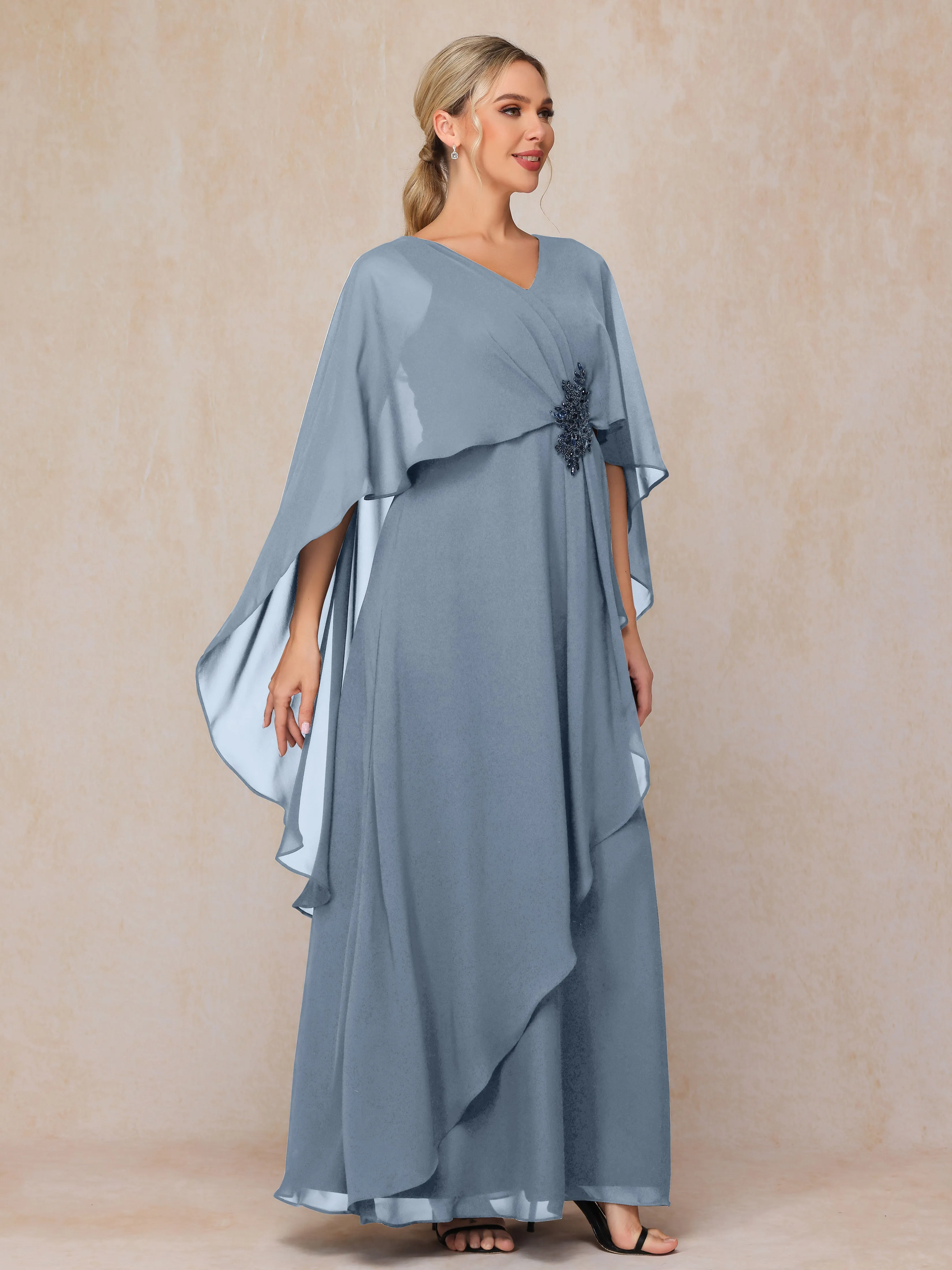 A-line Scoop Long Chiffon Mother of the Bride Dress With Beading Pleated