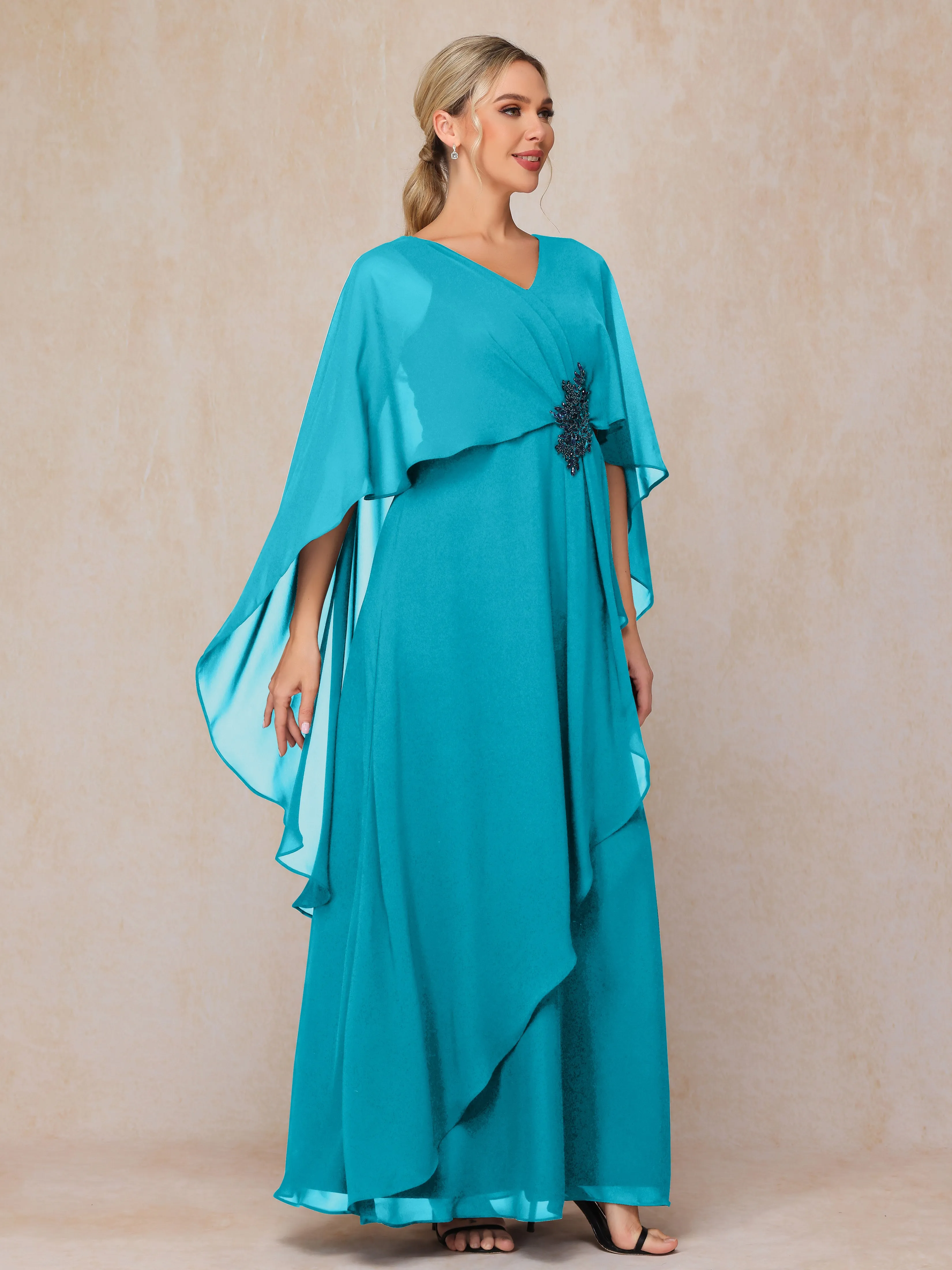 A-line Scoop Long Chiffon Mother of the Bride Dress With Beading Pleated