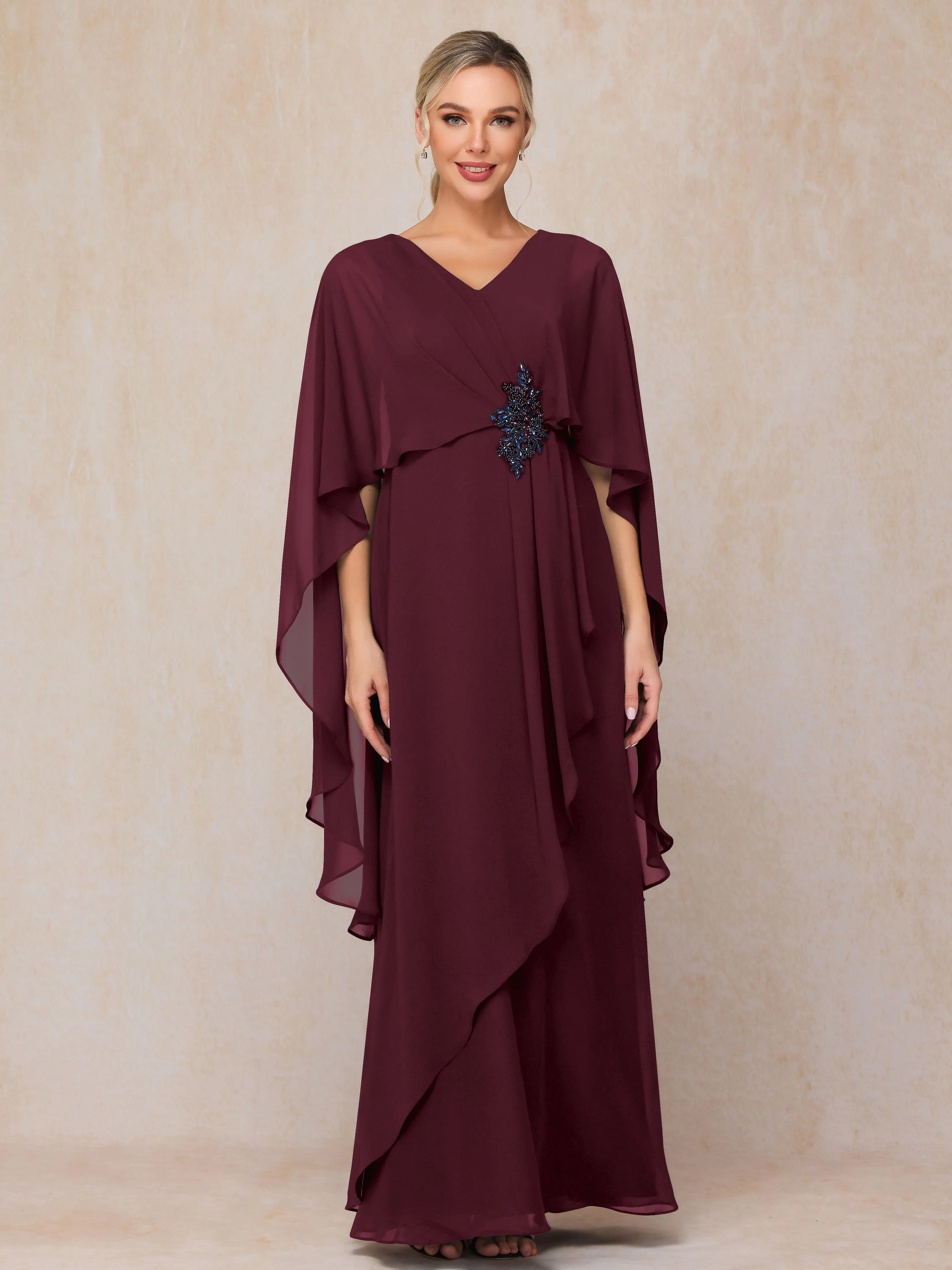 A-line Scoop Long Chiffon Mother of the Bride Dress With Beading Pleated