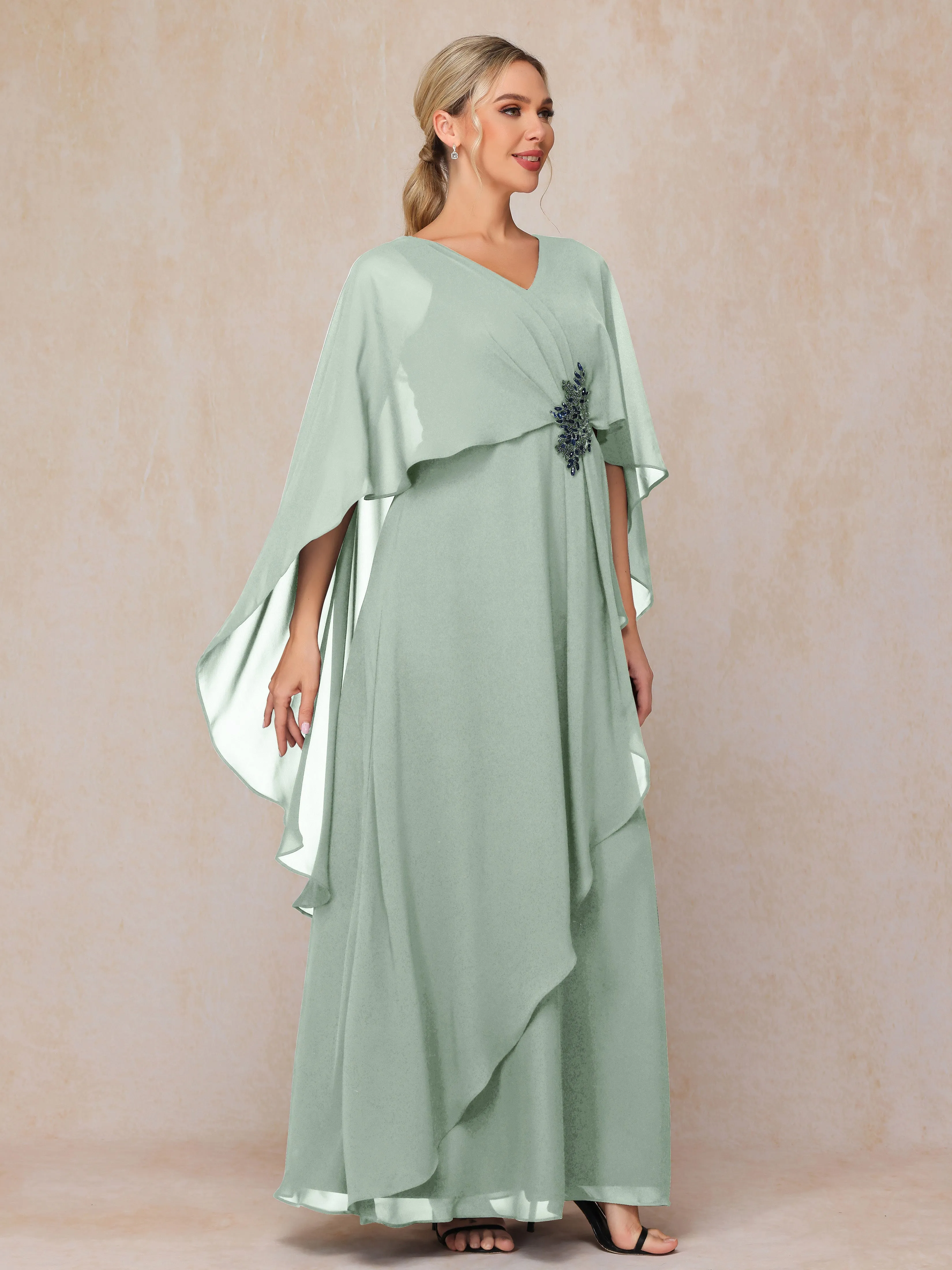 A-line Scoop Long Chiffon Mother of the Bride Dress With Beading Pleated