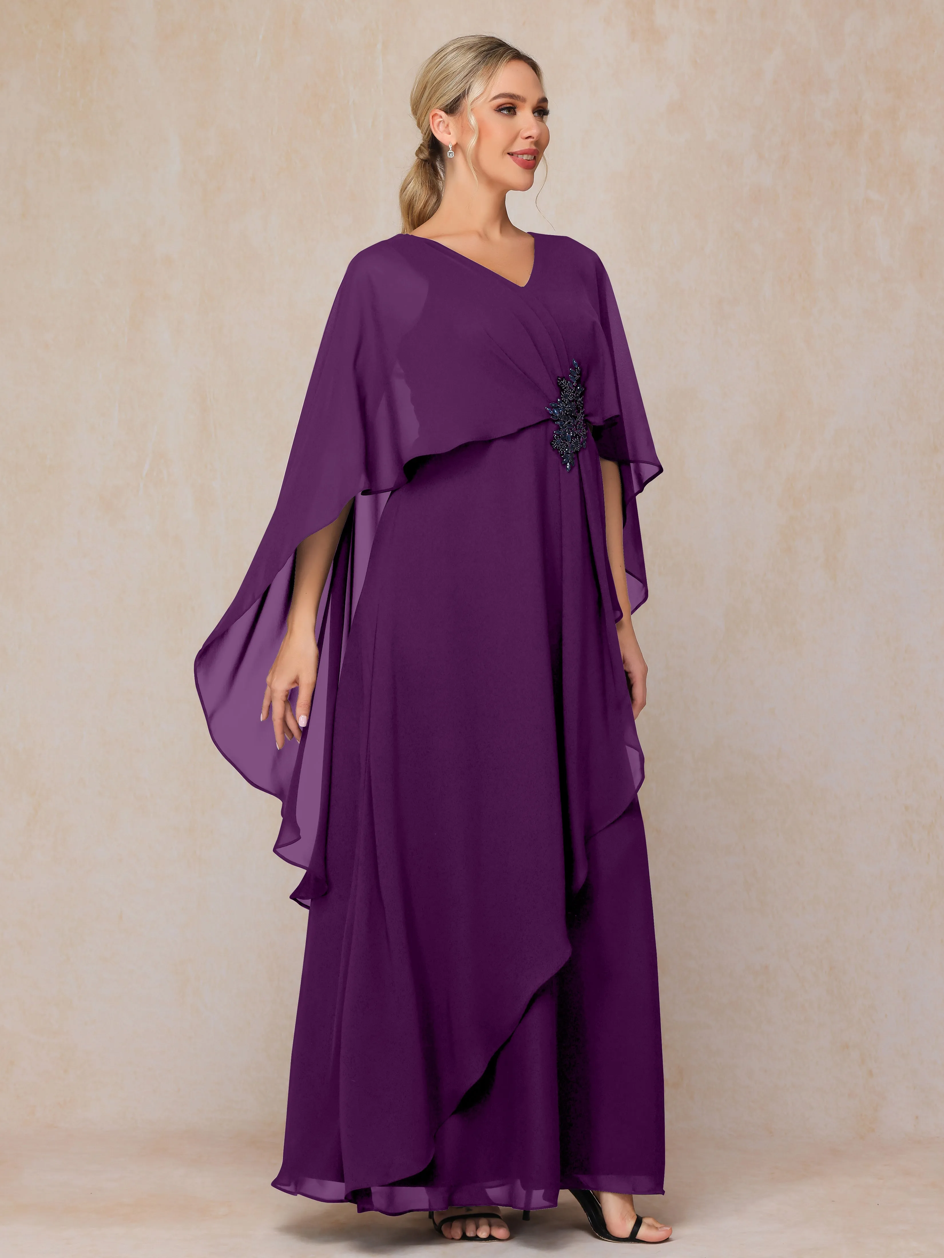 A-line Scoop Long Chiffon Mother of the Bride Dress With Beading Pleated