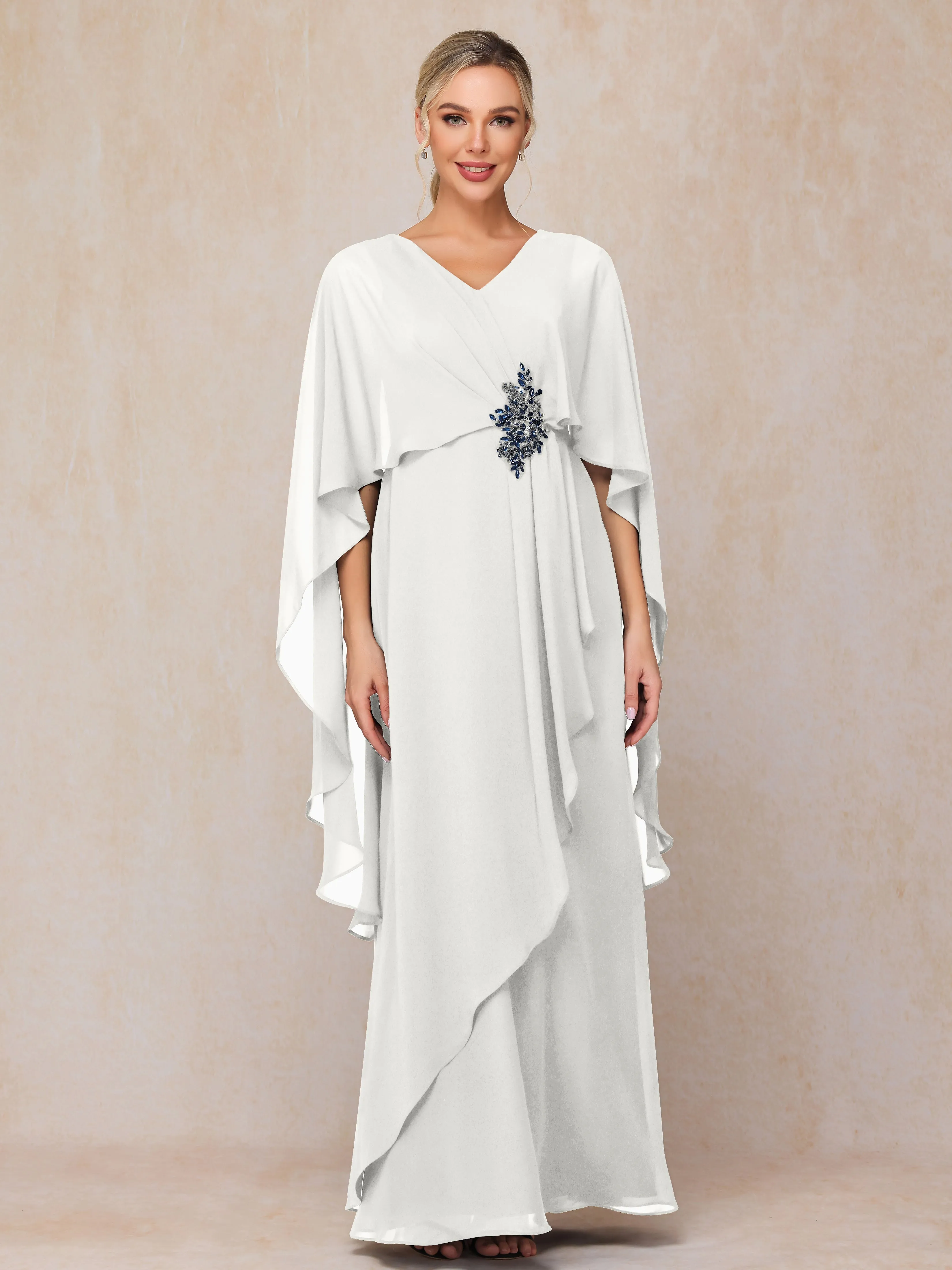 A-line Scoop Long Chiffon Mother of the Bride Dress With Beading Pleated