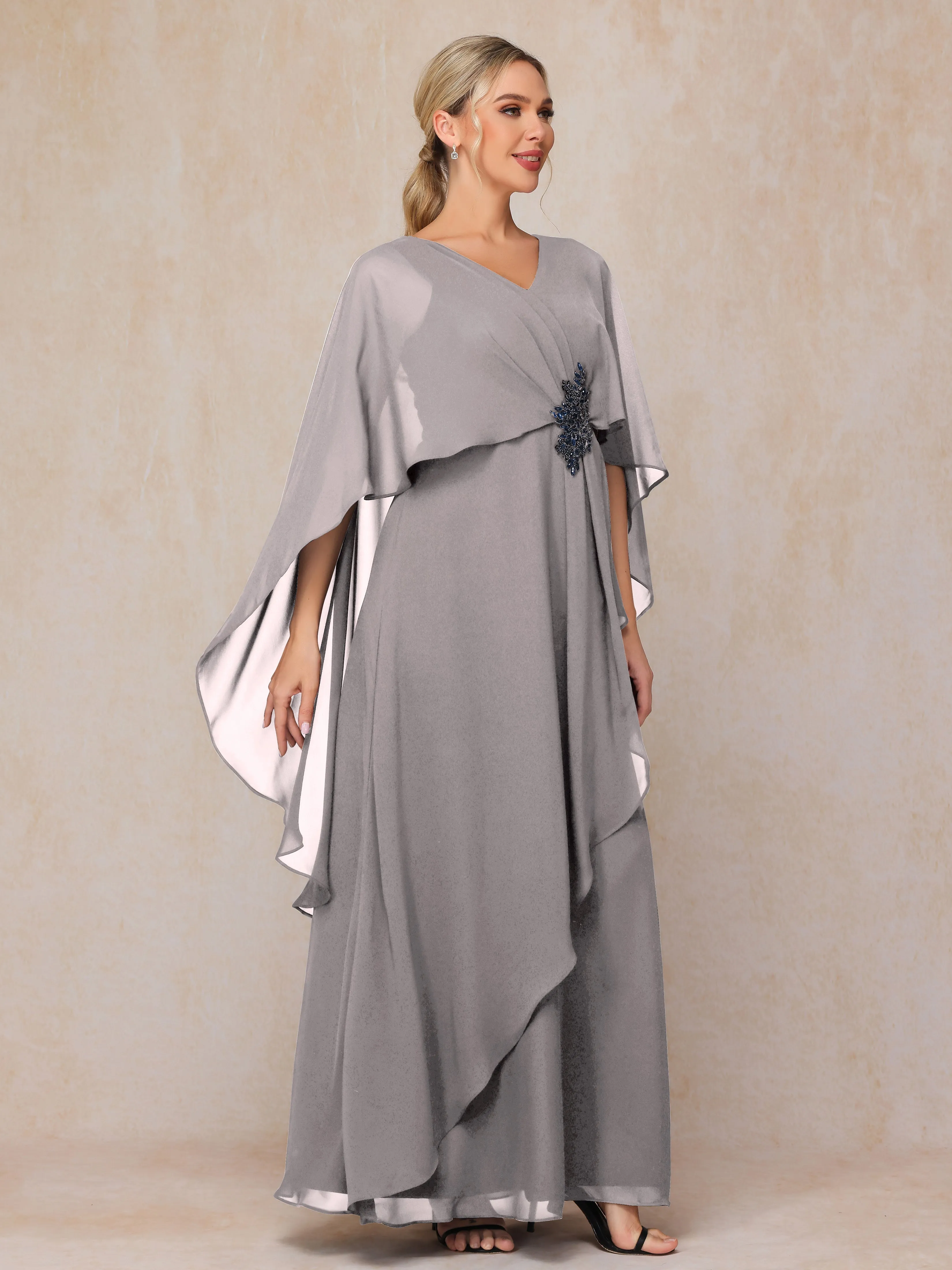 A-line Scoop Long Chiffon Mother of the Bride Dress With Beading Pleated