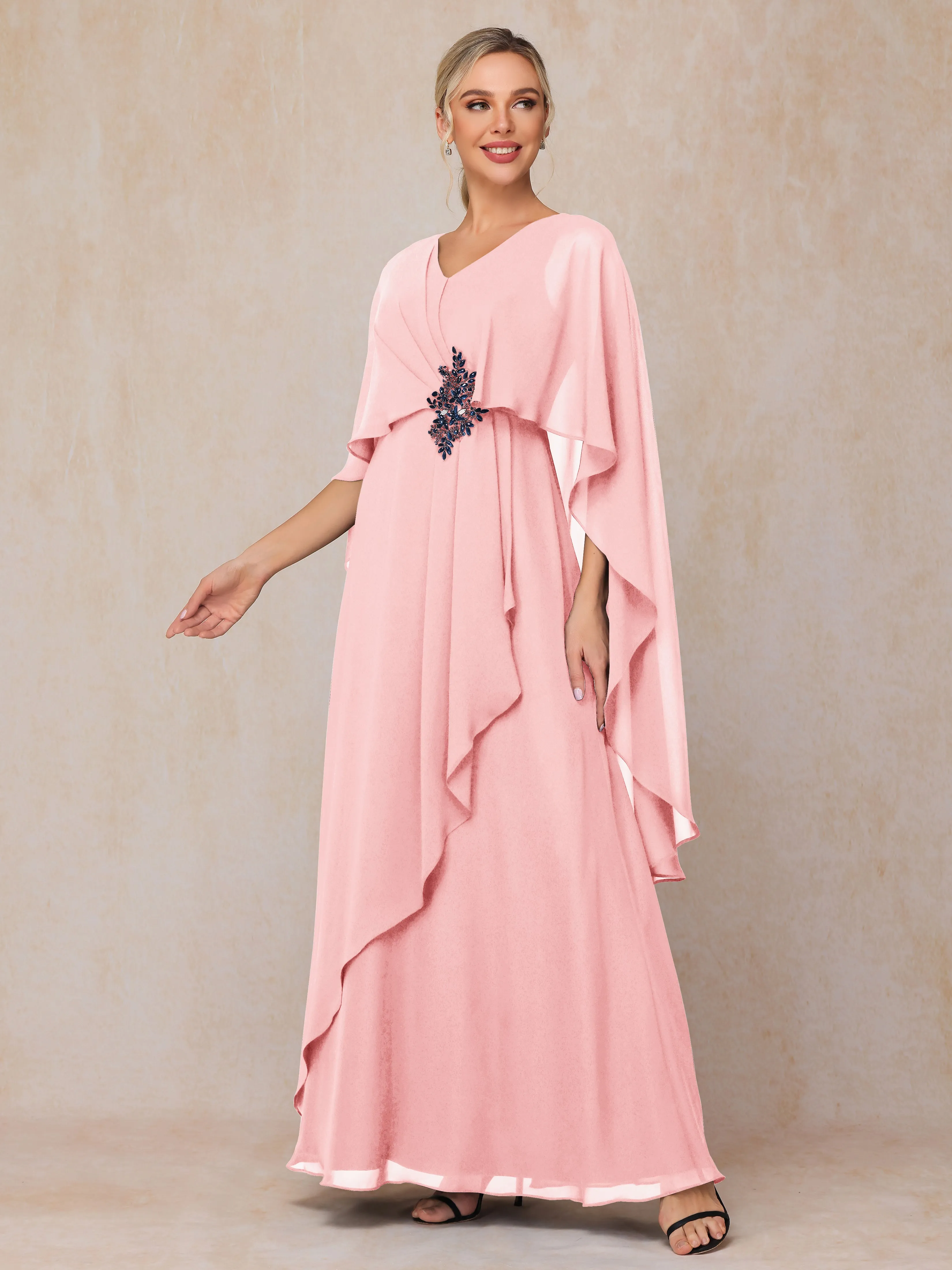A-line Scoop Long Chiffon Mother of the Bride Dress With Beading Pleated