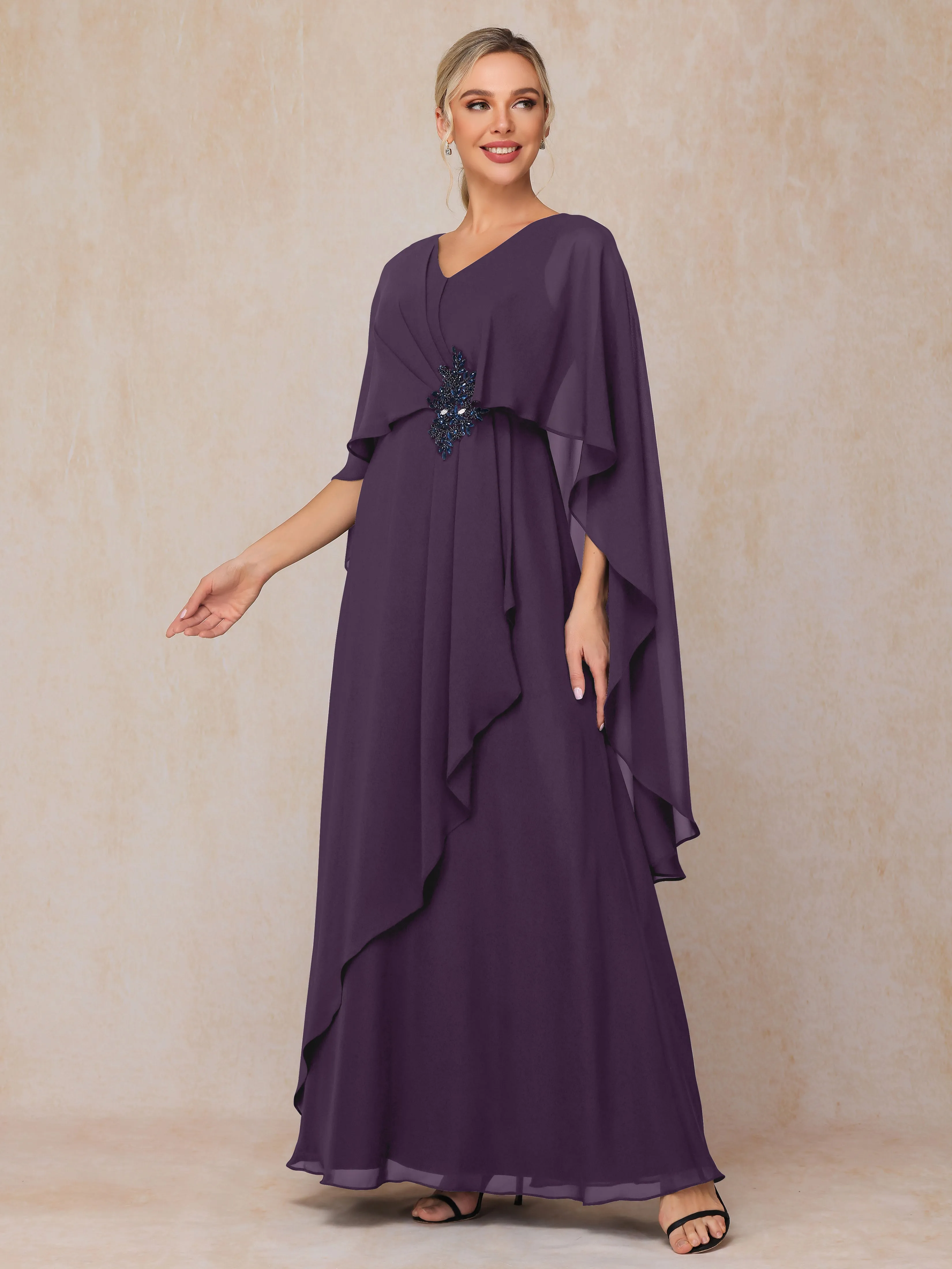 A-line Scoop Long Chiffon Mother of the Bride Dress With Beading Pleated