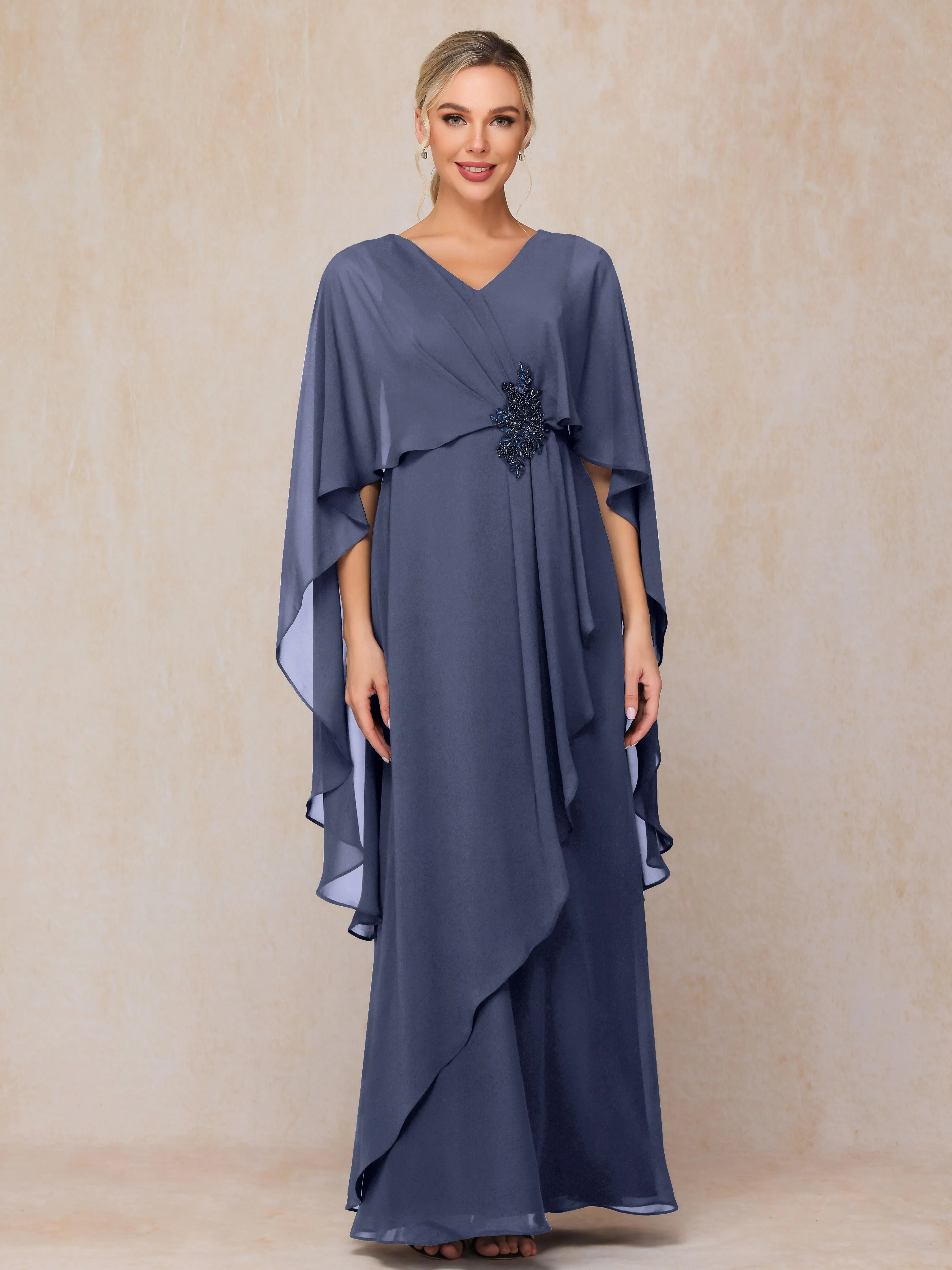 A-line Scoop Long Chiffon Mother of the Bride Dress With Beading Pleated