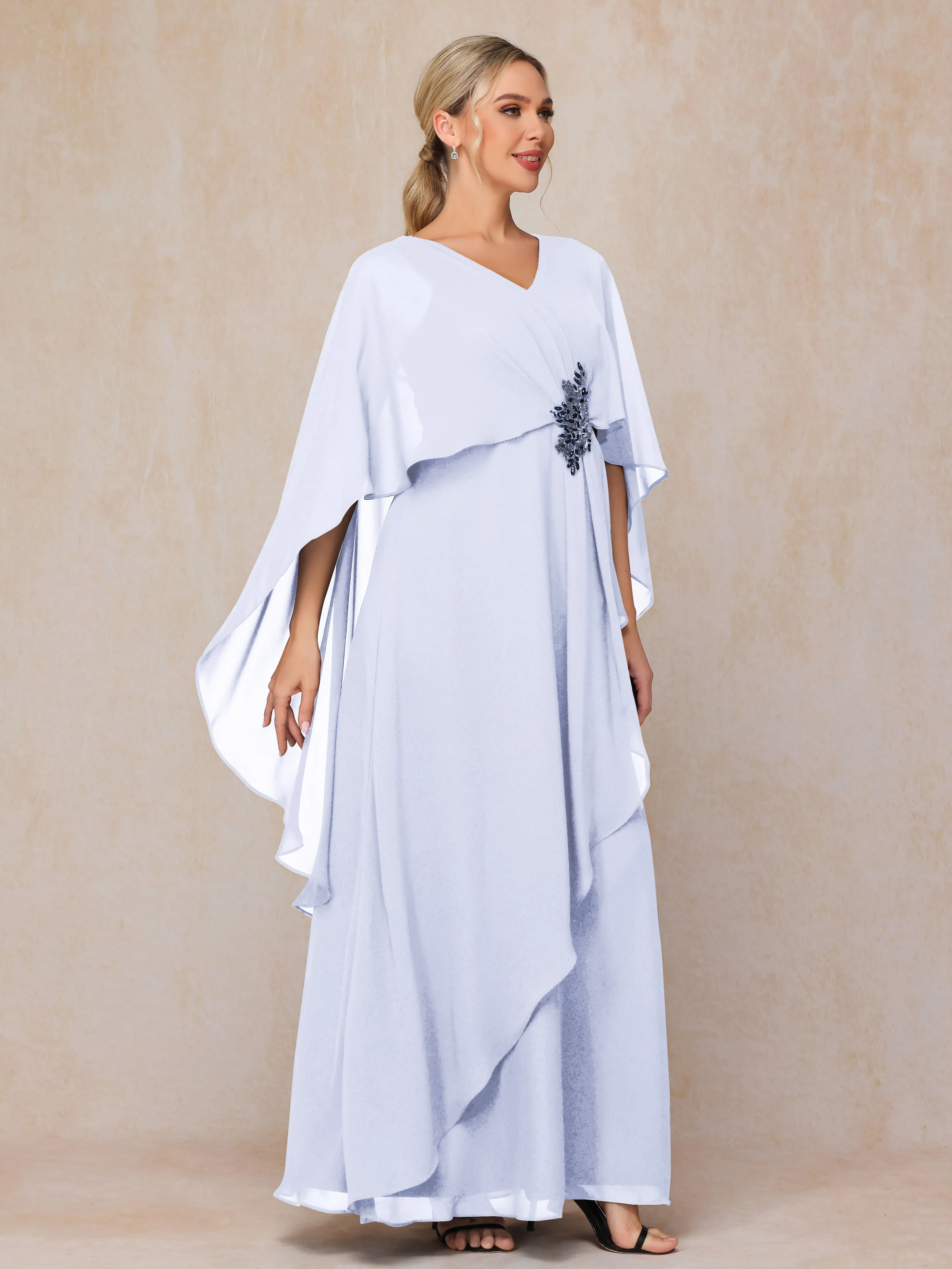 A-line Scoop Long Chiffon Mother of the Bride Dress With Beading Pleated