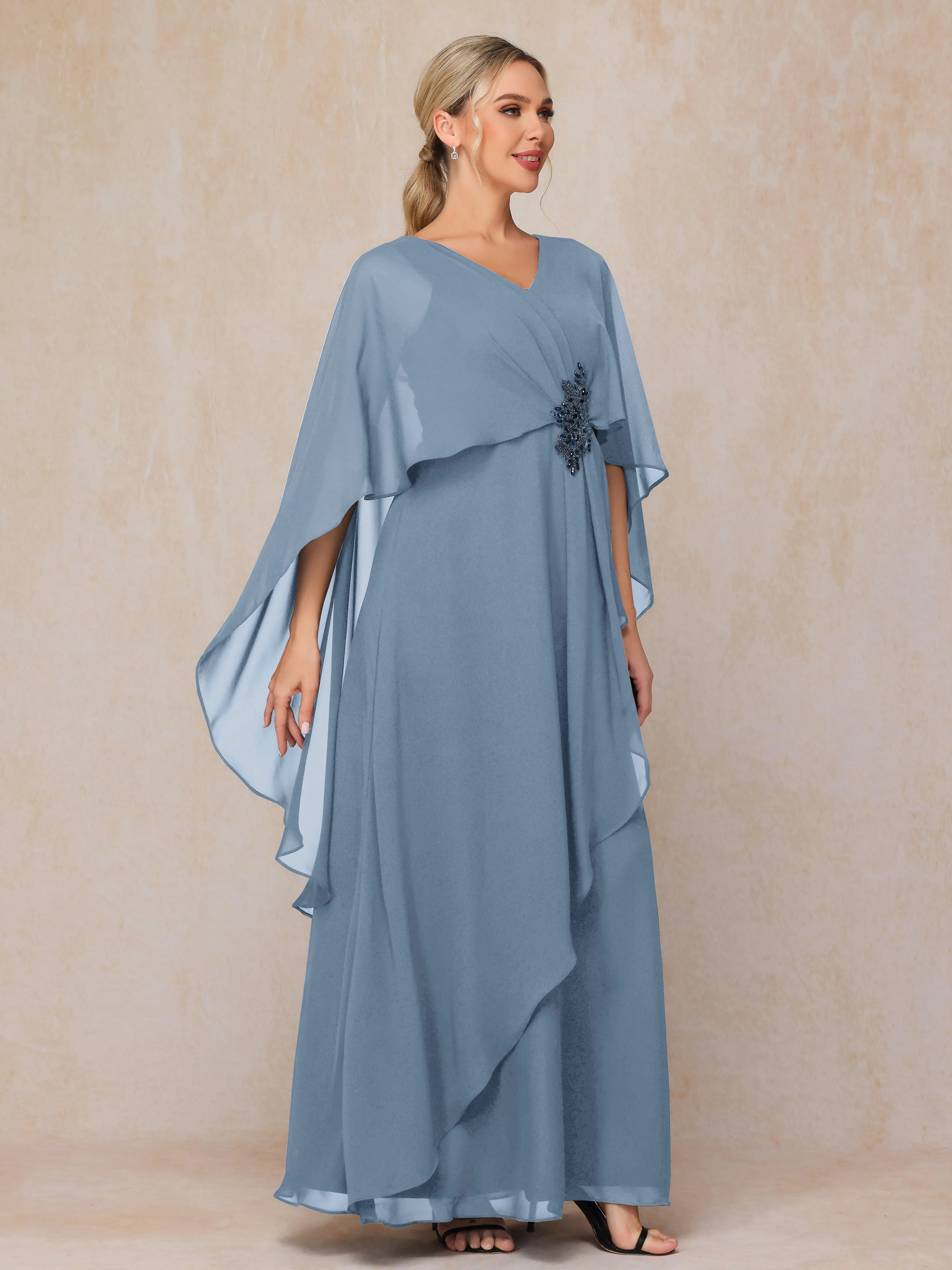 A-line Scoop Long Chiffon Mother of the Bride Dress With Beading Pleated
