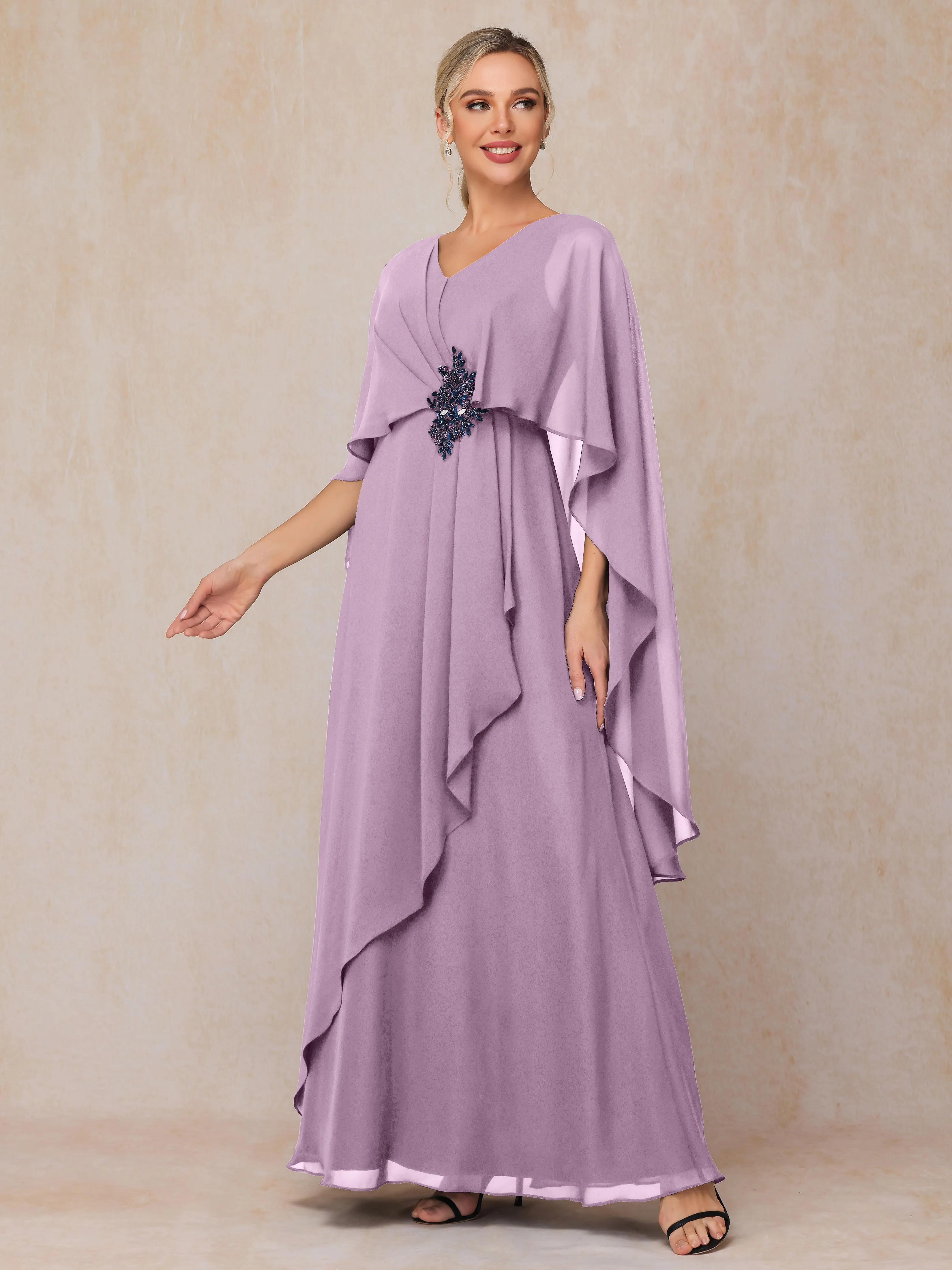 A-line Scoop Long Chiffon Mother of the Bride Dress With Beading Pleated