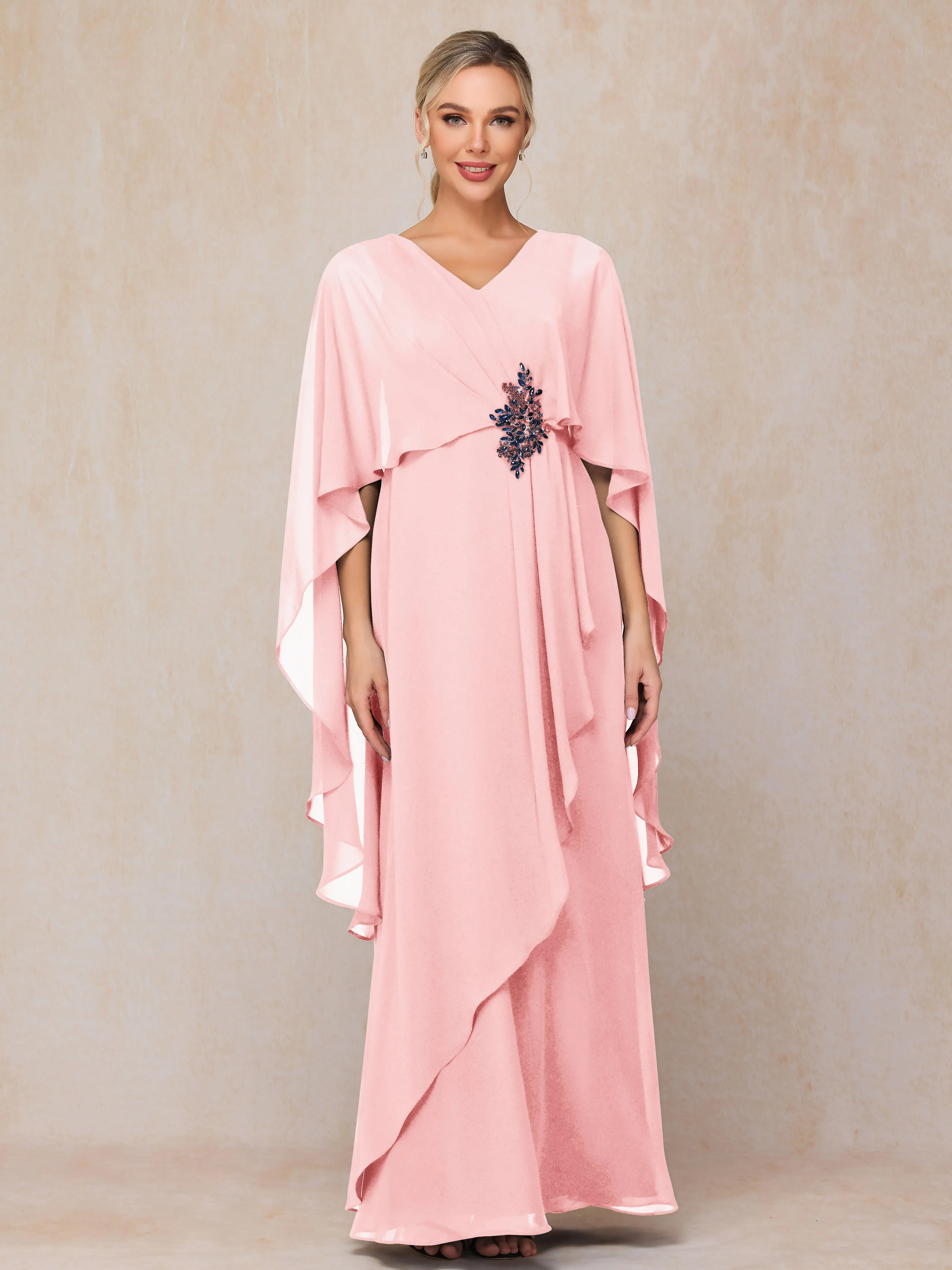 A-line Scoop Long Chiffon Mother of the Bride Dress With Beading Pleated