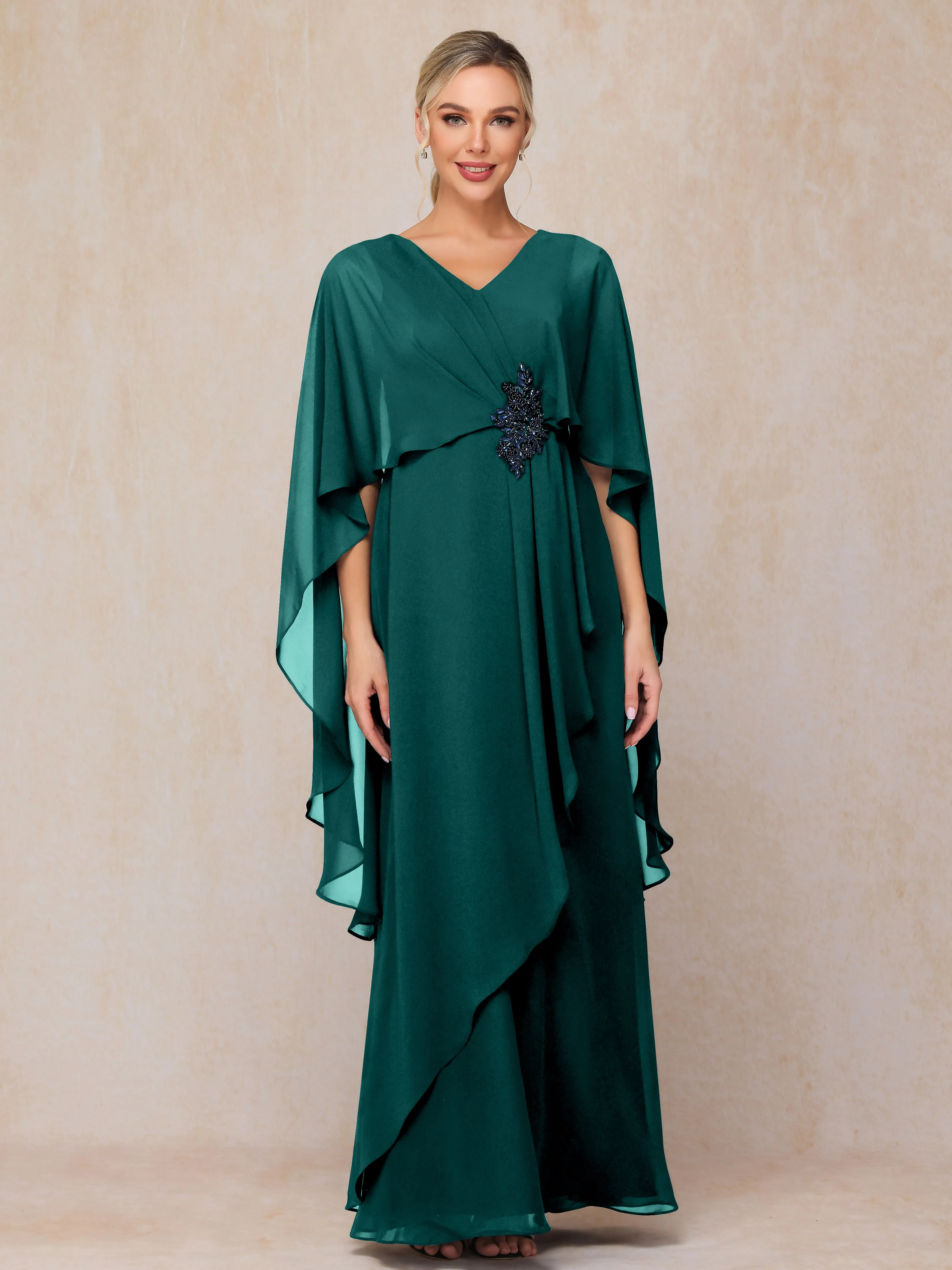 A-line Scoop Long Chiffon Mother of the Bride Dress With Beading Pleated