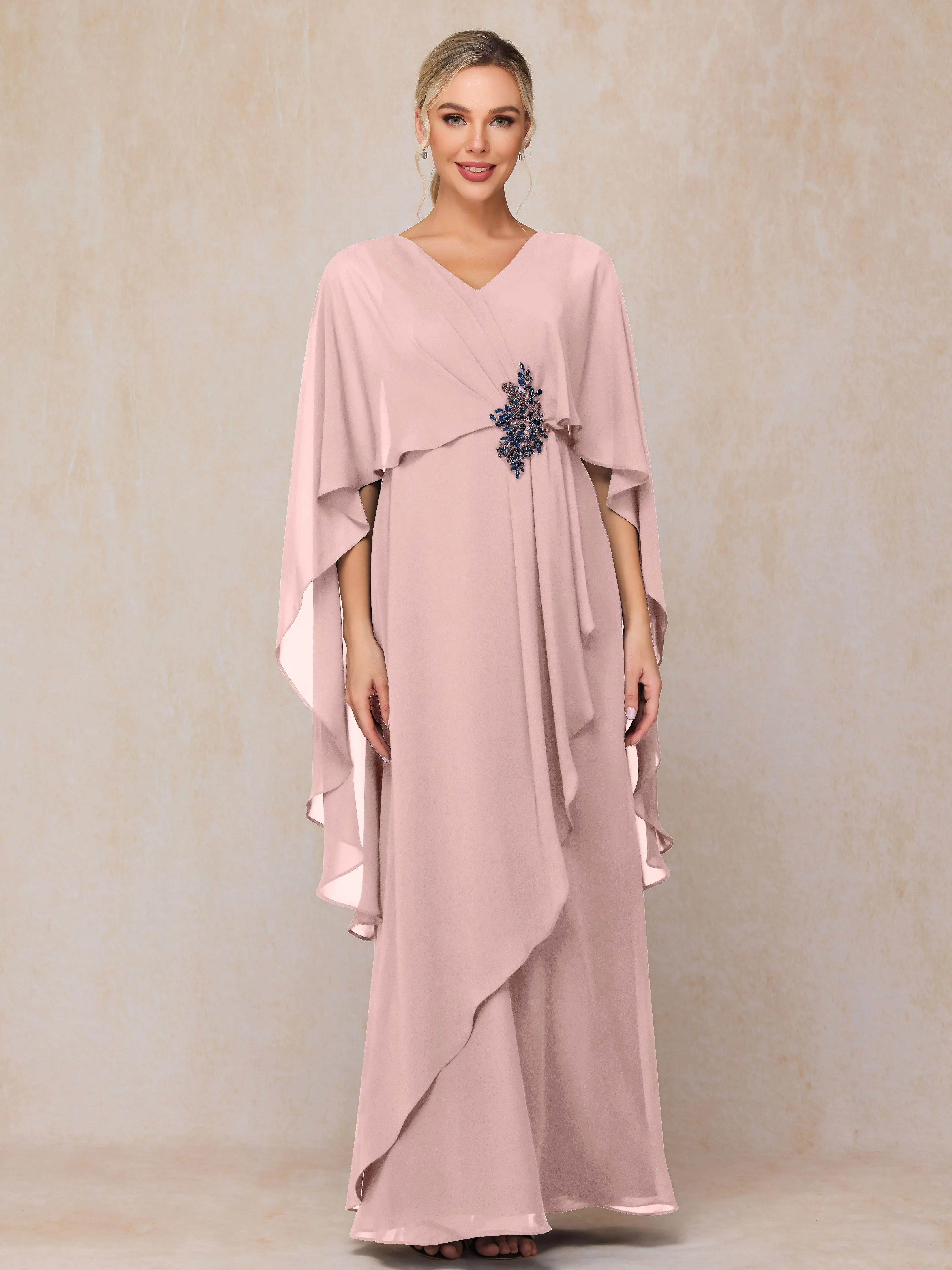 A-line Scoop Long Chiffon Mother of the Bride Dress With Beading Pleated
