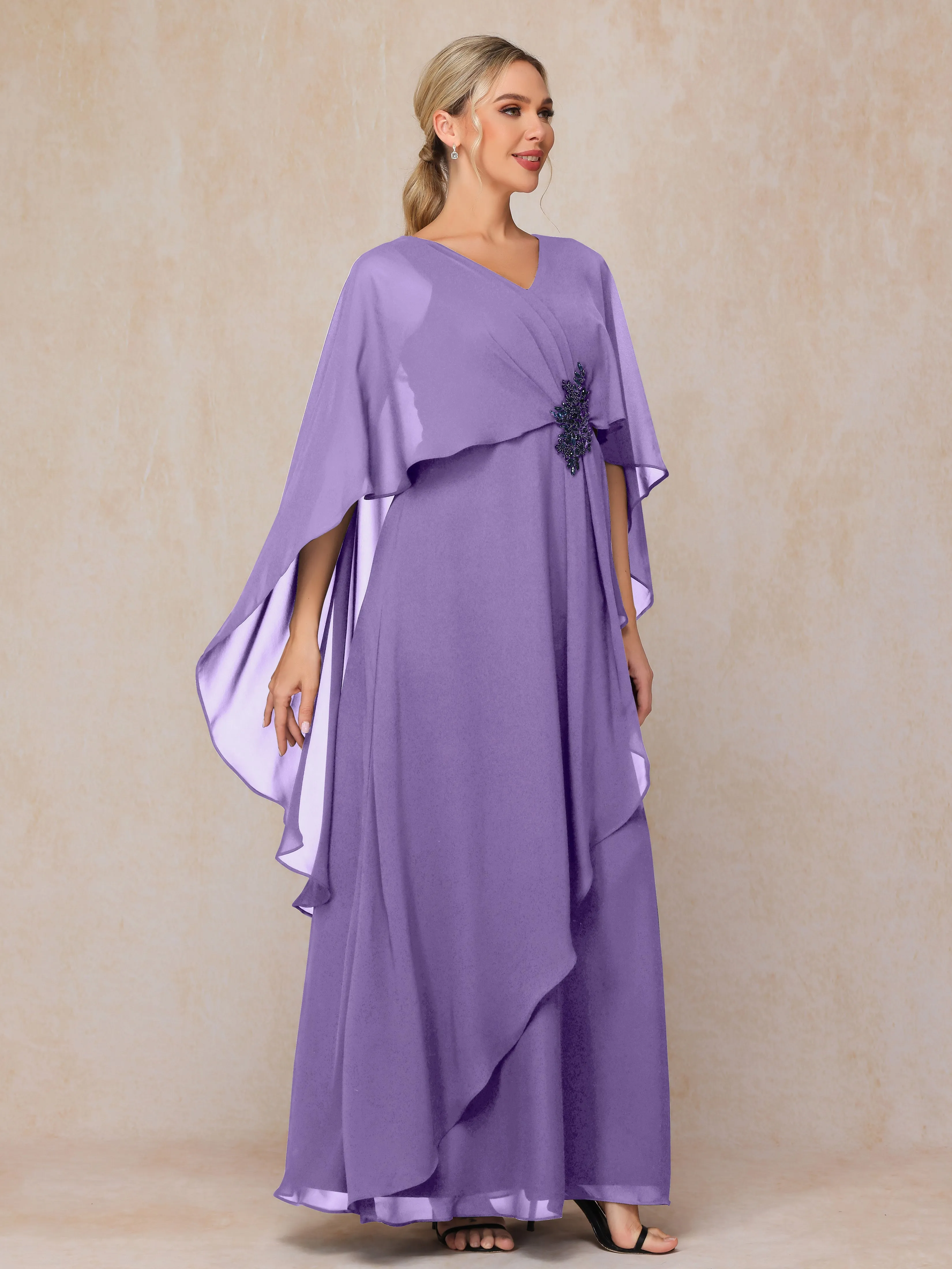 A-line Scoop Long Chiffon Mother of the Bride Dress With Beading Pleated